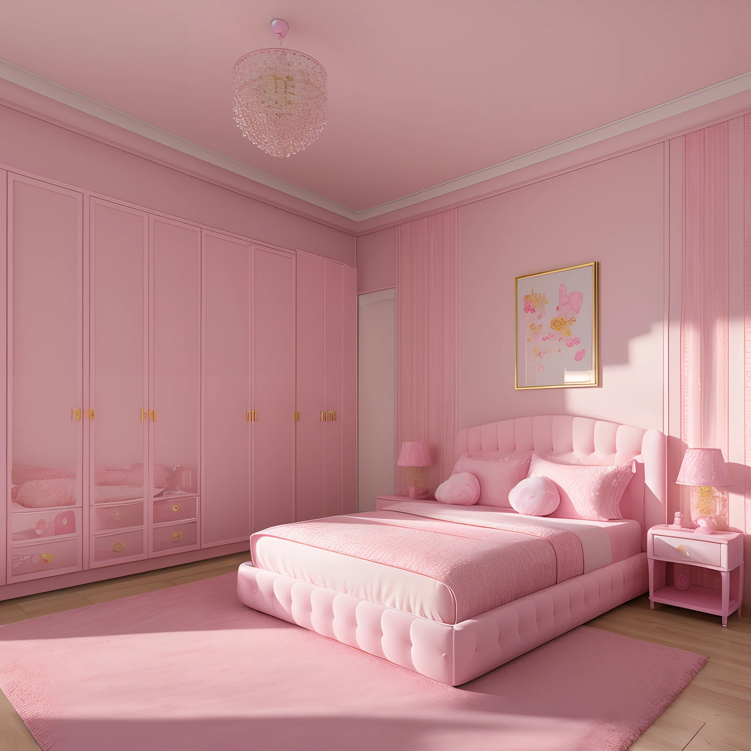 pink bedroom for girls, luxurious interior, hello kitty, pink,extremely high quality, full hd 32k, realistic, surreal, 3d vray rendering, realistic(photo realistic :1,2),day light.