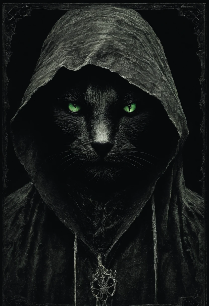 Portrait chat noir aux yeux verts avec une capuche noire regardant la camera. Manteau ????. disturbing, sombre,  fond ????, regard mauvais.