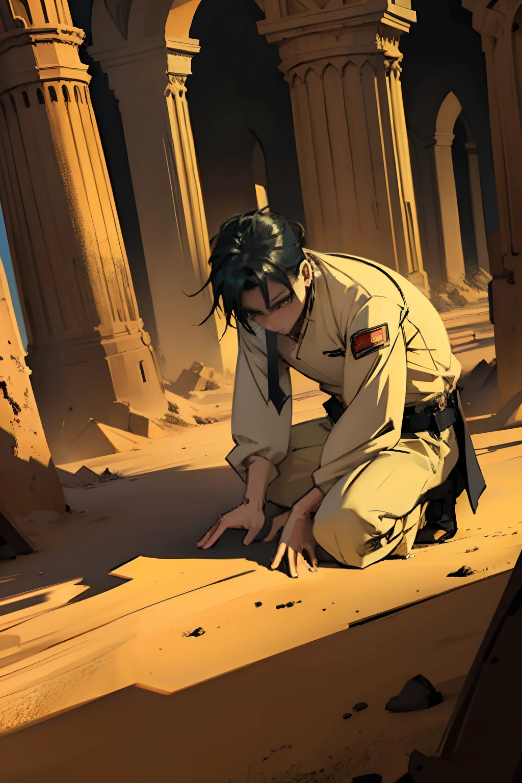 Man bent down on his knees with his hand on his injured belly, nas ruinas de um deserto, estilo anime