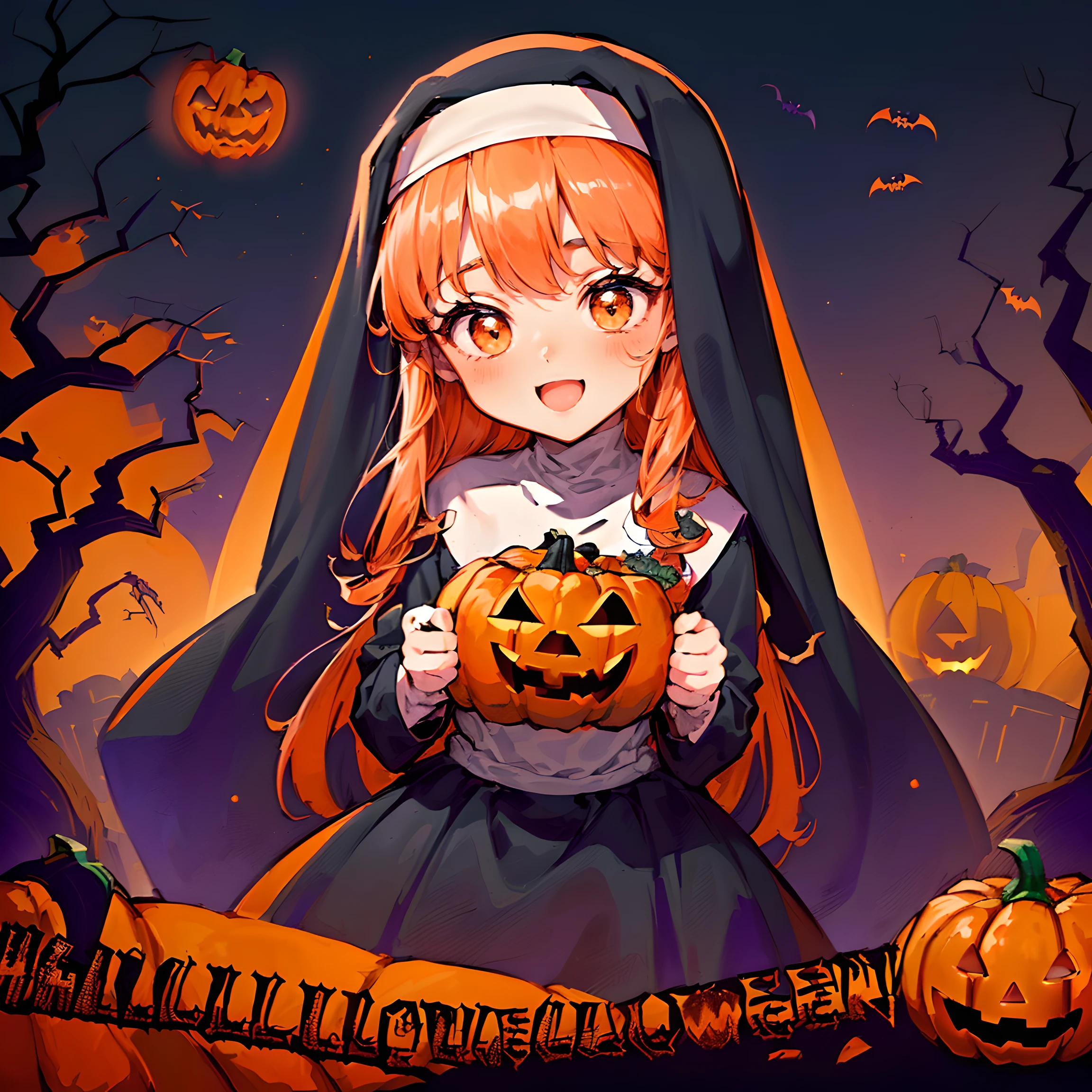 (Halloween theme:1.5), (magic:1.5), (fantasy:1.5), (centered image:1.5), (dark night sky:1.5), (cloud:1.5), (chibi emote:1.5), (chibi character:1.5), (Halloween tea party:1.5), (pumpkin monster:1.5), (cute ghost:1.5), (medusa:1.5), (mummy:1.5), (orange theme clothes:1.5), (nun:1.5), (zombi:1.5), (trick or tree:1.5), (happy halloween:1.5), (orange theme:1.5), (many monsters and people:1.5),