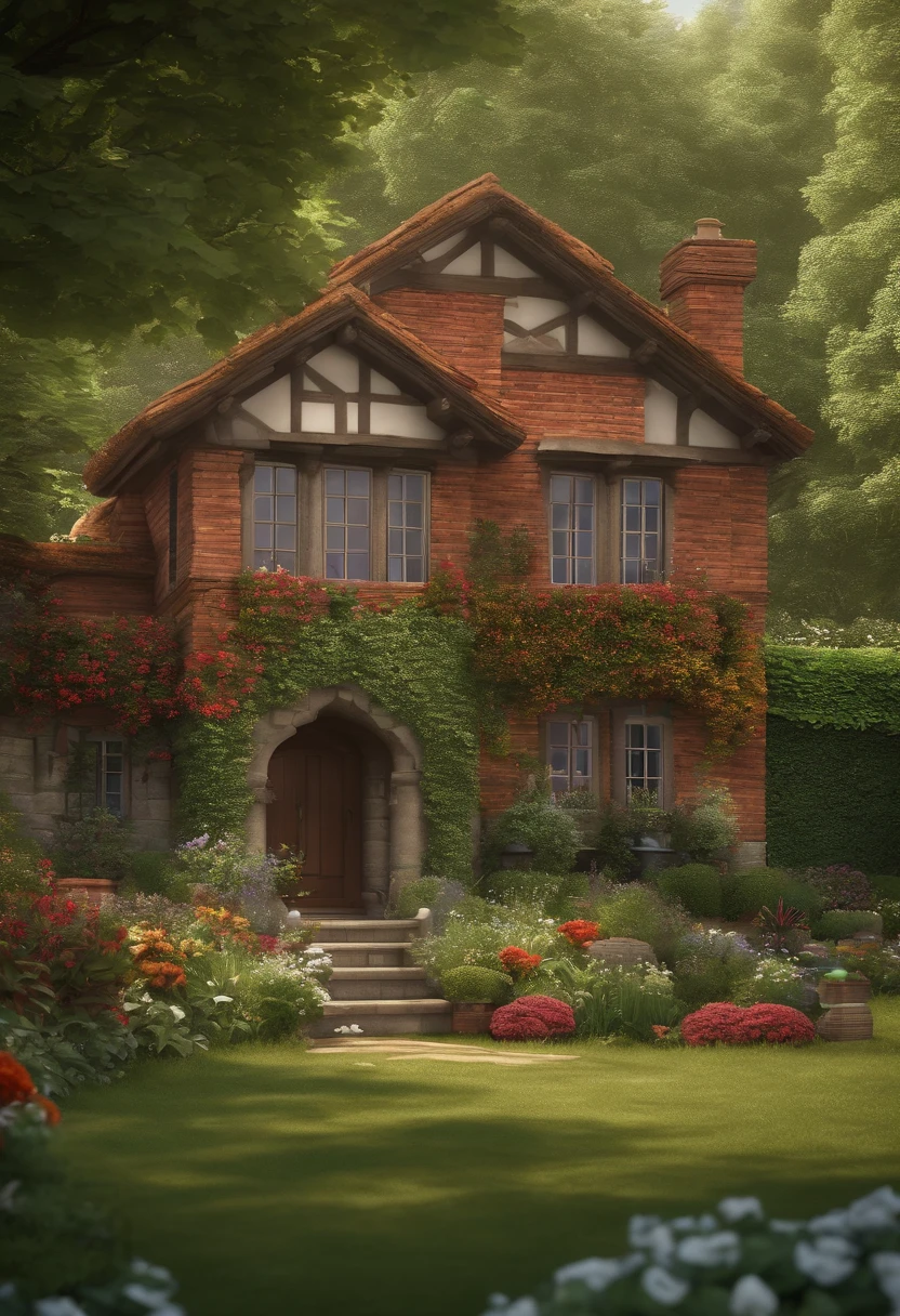 (best quality,4k,8k,highres,masterpiece:1.2),ultra-detailed,realistic, portraits,landscape,beautiful detailed house with red bricks and a white roof,peaceful countryside scenery with rolling hills and lush green fields,big tall trees with vibrant green leaves and thick trunks,delicate and intricate ivy climbing up the side of the house,natural,earthly tones of brown and green, colorful flowers blooming in the garden,graceful butterflies fluttering around
