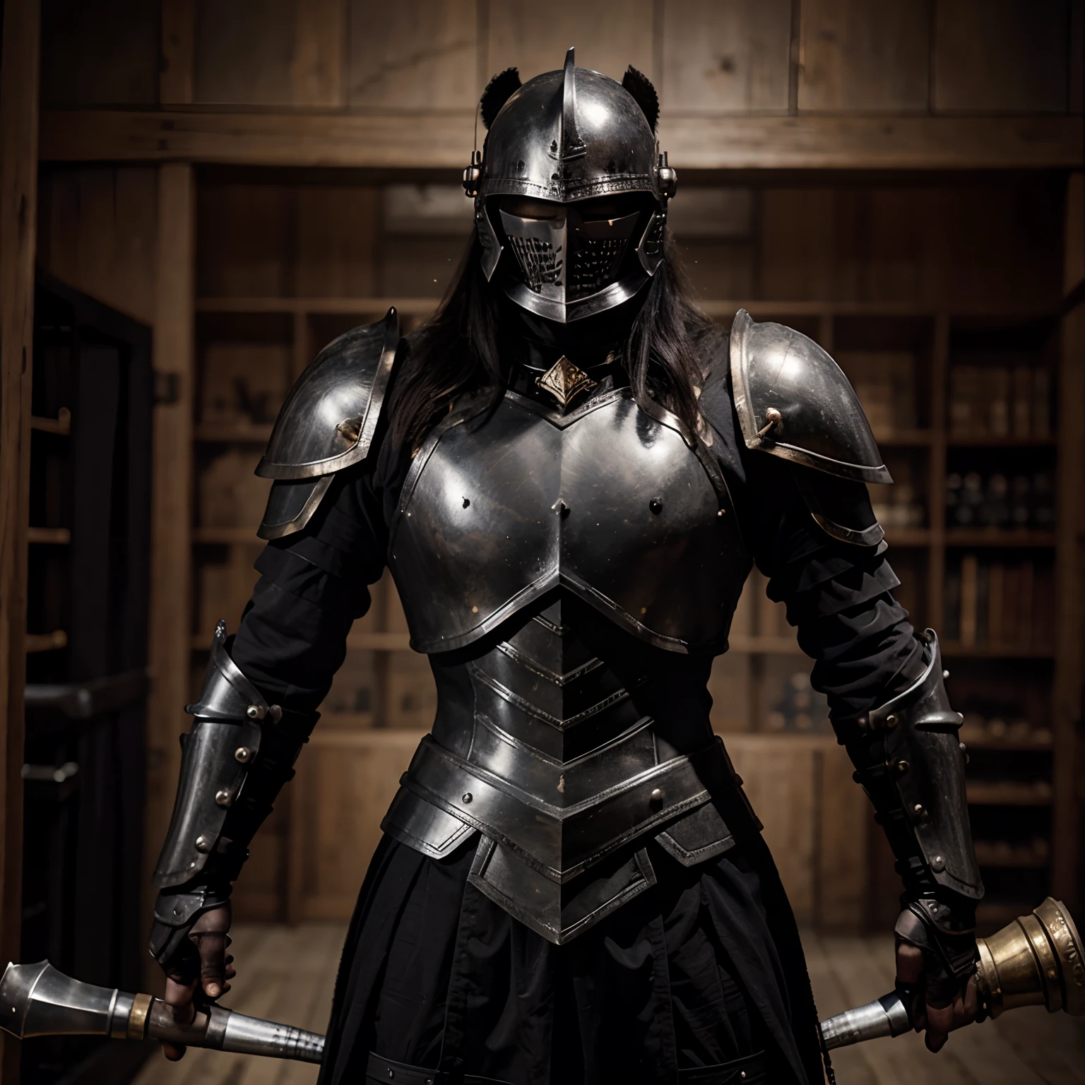 black engraved armor with warhammer
