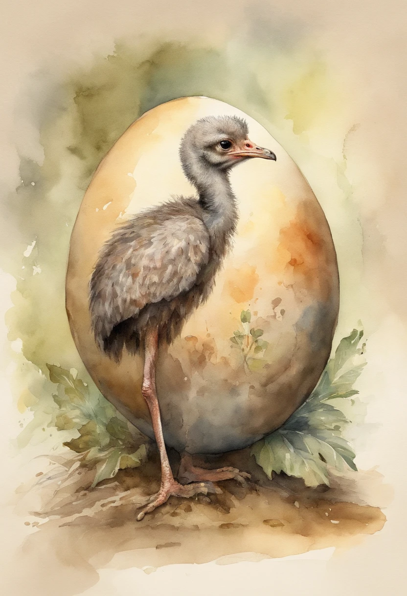 Carrying a huge ostrich egg、With a rat brother and an owl、Squirrel and hare、Picture book style、Watercolor style、Darker colors、Fewer colors