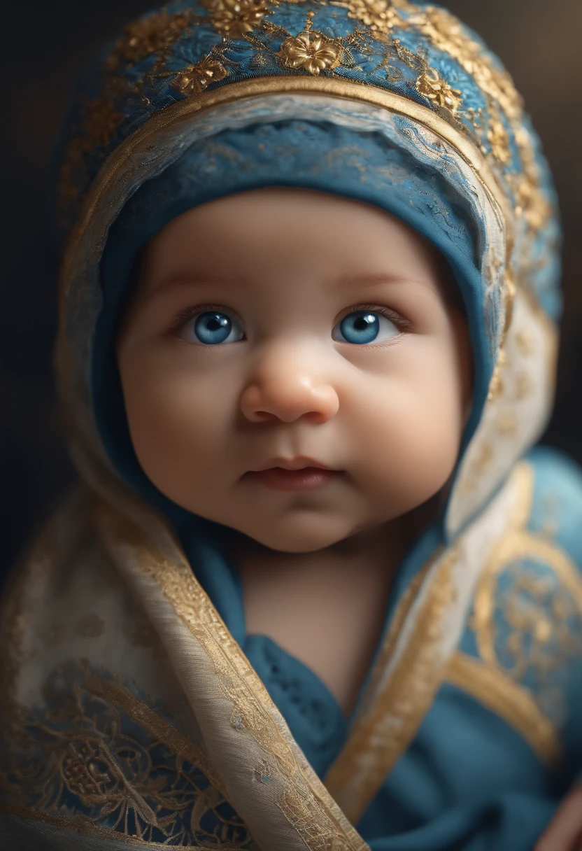 Highly detailed 3D child render, a three-month-old baby, peruana bonito, cabelos lisos e pretos, olhos pretos brilhantes e sorridente texturas suaves e suaves, gradiente de cor azul no plano de fundo. Inspirado pixel Disney.