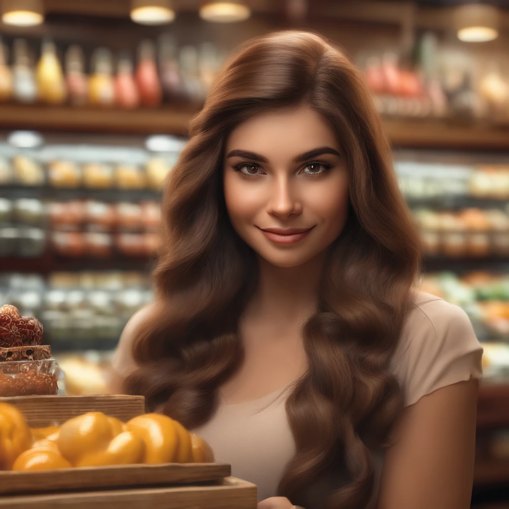 A cute cartoon 3D girl, The image of the shopkeeper, Flattering, shiny hair, smile, Hyperrealism, reflection light, perspective, Sony FE GM, best quality, highres, high details