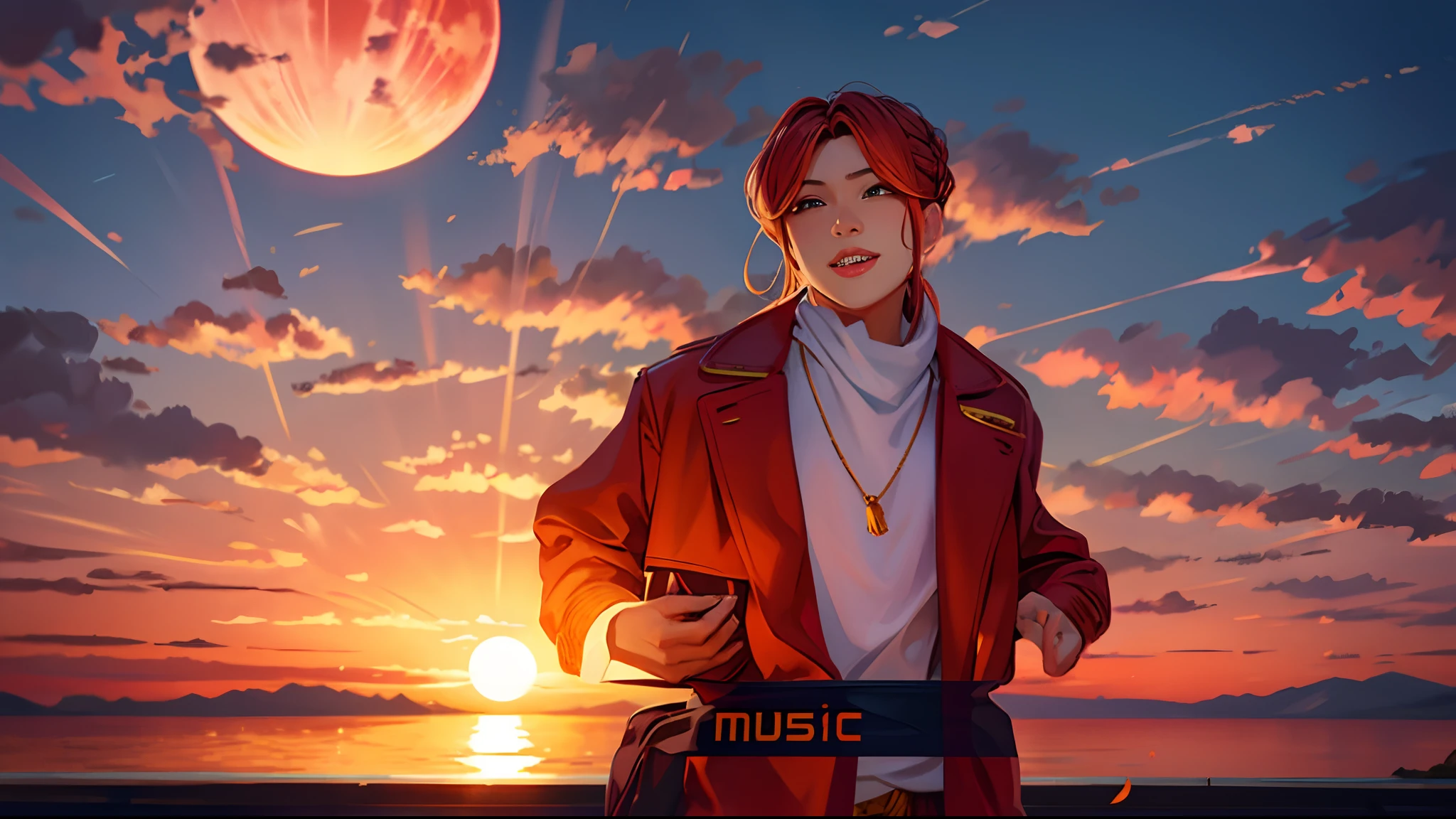 the sunset，eventide，middle parted hairstyle