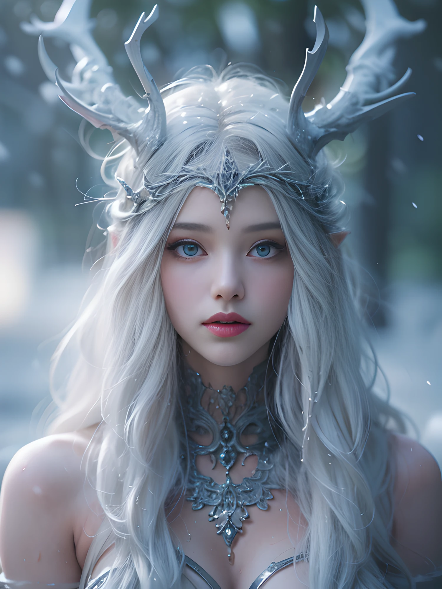 (naked;1.4), (Snowy day:1 girl), tmasterpiece, beste-Qualit, photo in RAW format, Realistic, s face, Incredibly ridiculous resolution, Beautiful elven beauty, Blot your whole body wet, Long silver hair,Completely ,The Goddess of Winter, Depth of field, hight resolution, Ultra Detailed, filigree, RAWE is very detailed, highly detailed eyes and faces, Sharp pupils, Realistic pupil, Attach clear focus, Cinmatic Lighting,full bodyesbian,large tities,long leges,On the front side,Forest on a snowy day