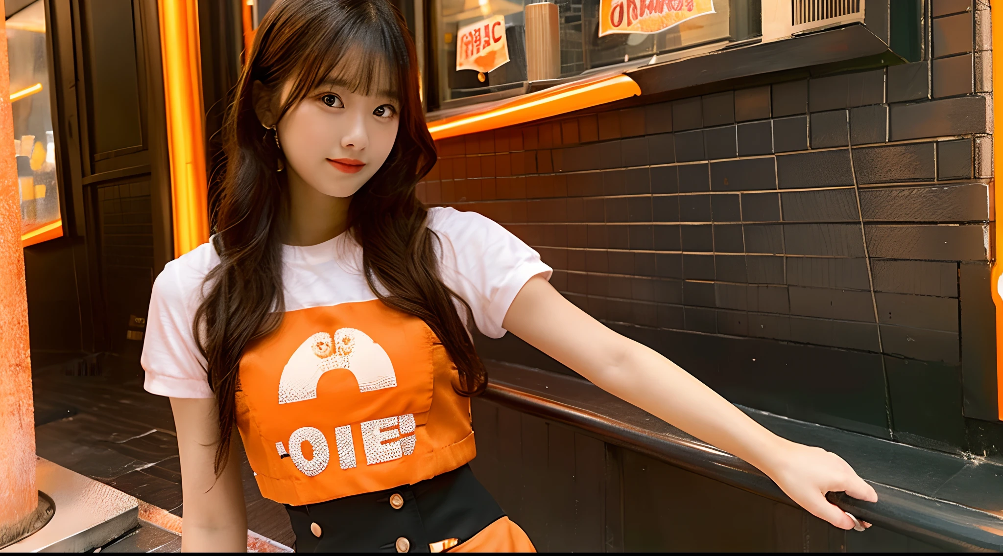 18-year-old waitress in an orange miniskirt