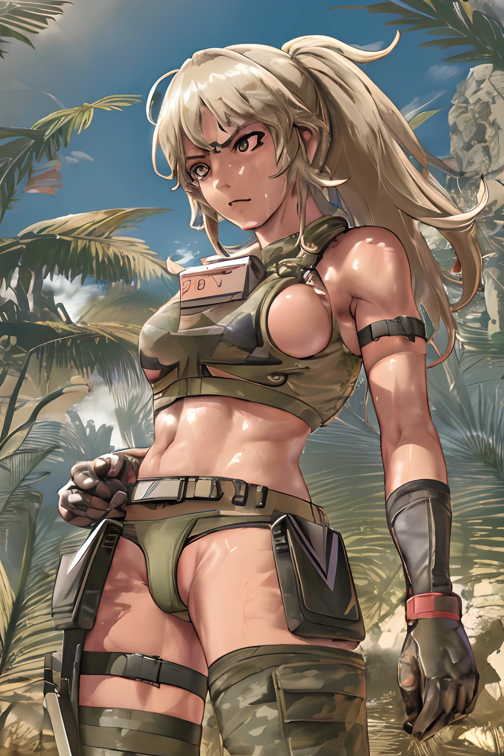 Best quality, masterpiece,bra and panty, serious, sexy pose, military, desert. Cammo, Sun, hot, guerrilla, tropical, wetting. Bullet proof vest.