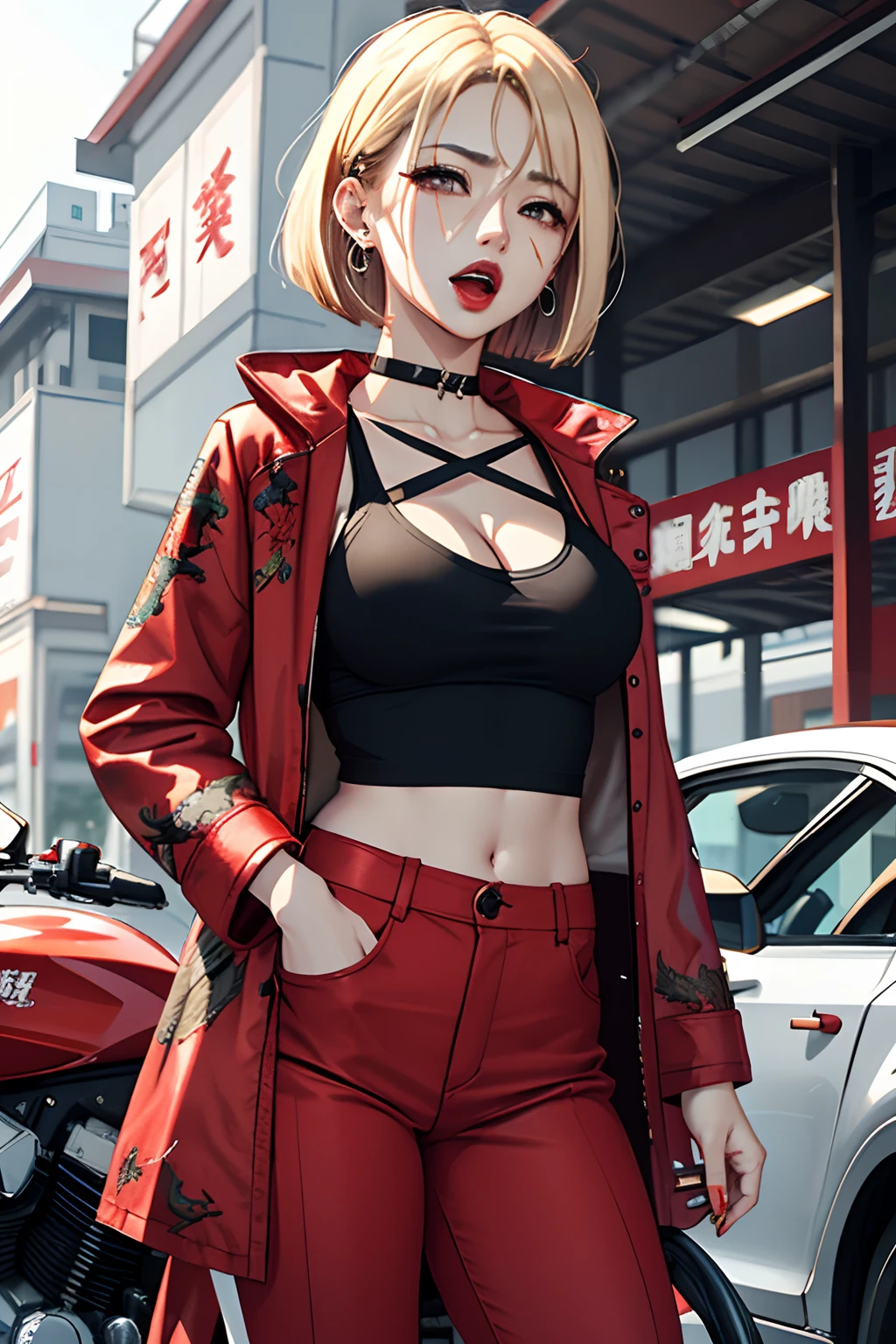 (master piece:1.4),ultra-quality, Hyper Detailed,Perfect drawing,3D Photography,16K illustrations、(((clearface)))、((Hi-Res))、1 persons、femele、Asian、Keep your hands in your pants pockets、Standing、(((a blond)))、(((a short bob))),The tattoo、(((Whitening skin)))、((Violet lipstick))、(Raised corners of the eyes)、((Outrage:1.1))、((chin raised))、(((opens his eyes wide)))、((despise:1.2)),((glares:1.2))、((Big open mouth:1.2))、(((Shout loud:1.3)))、((Wrinkles between the eyebrows))、(numerous piercings in the ears), BREAK (Red Theme:1.5), ((Red Outerwear, Oversized red pants, Red baggy pants): 1.4), (She wears a long red coat embroidered with a dragon over a black tank top:1.5), ((cleavage, 鎖骨) :1.2), ((Navel, ankle):1.3), (Pump 1.2), (earrings:1.2), (Chinese charactersa, Chinese charactersa:1.2),((Old Style Motorcycle:1.3)),(((car park))),Detailed drawing、Perfect Photo