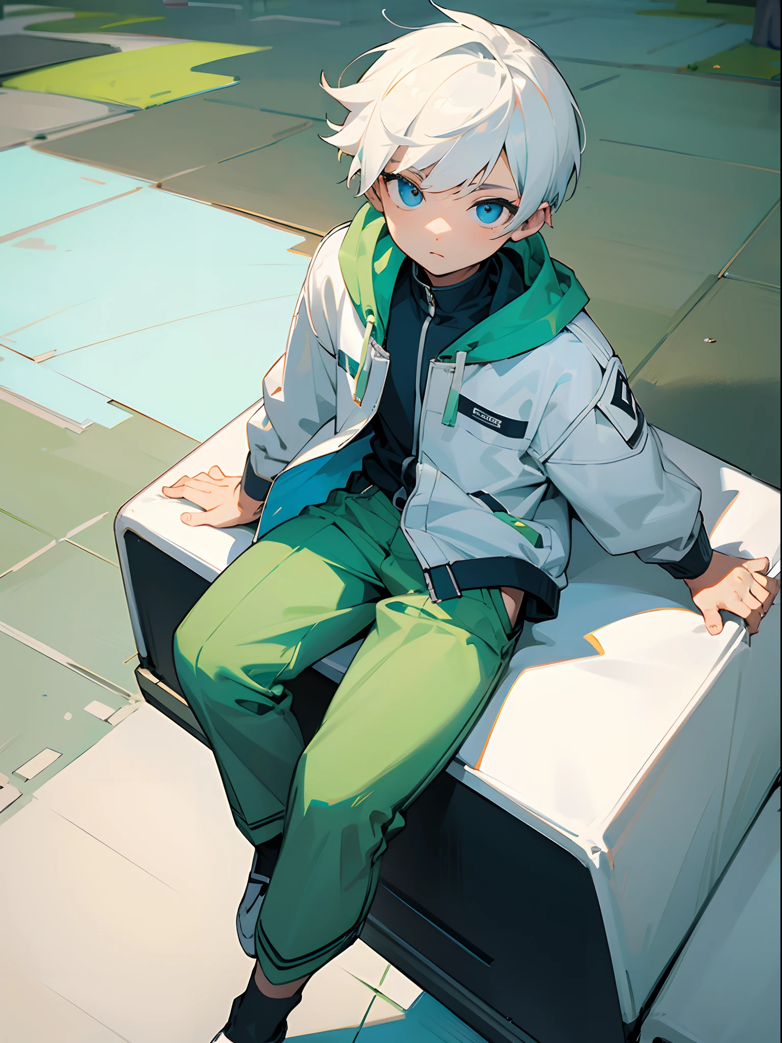 Small boy, white short hair and blue eyes, white jacket,  dark green pants, sitting