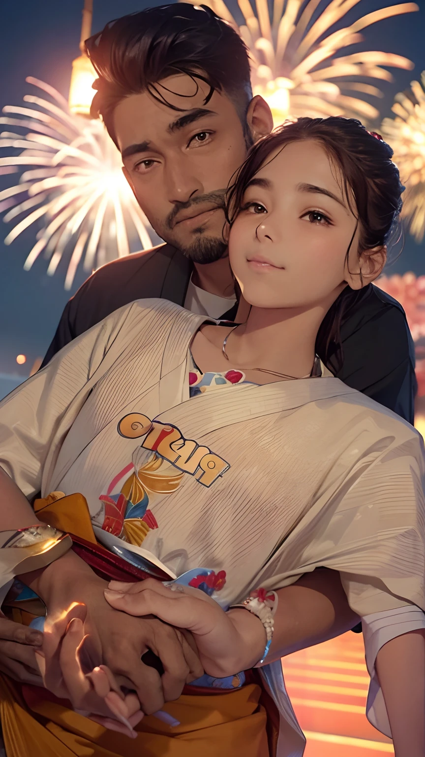 (Indian guy brown skin with long) and (Japanese girl) wearing kimono holding hands as they watch the fireworks festival in Japan