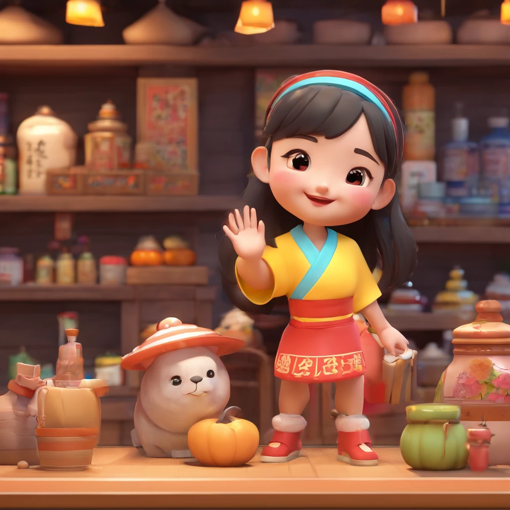 A cute cartoon 3D Chinese girl, The image of the shopkeeper,Welcome moves