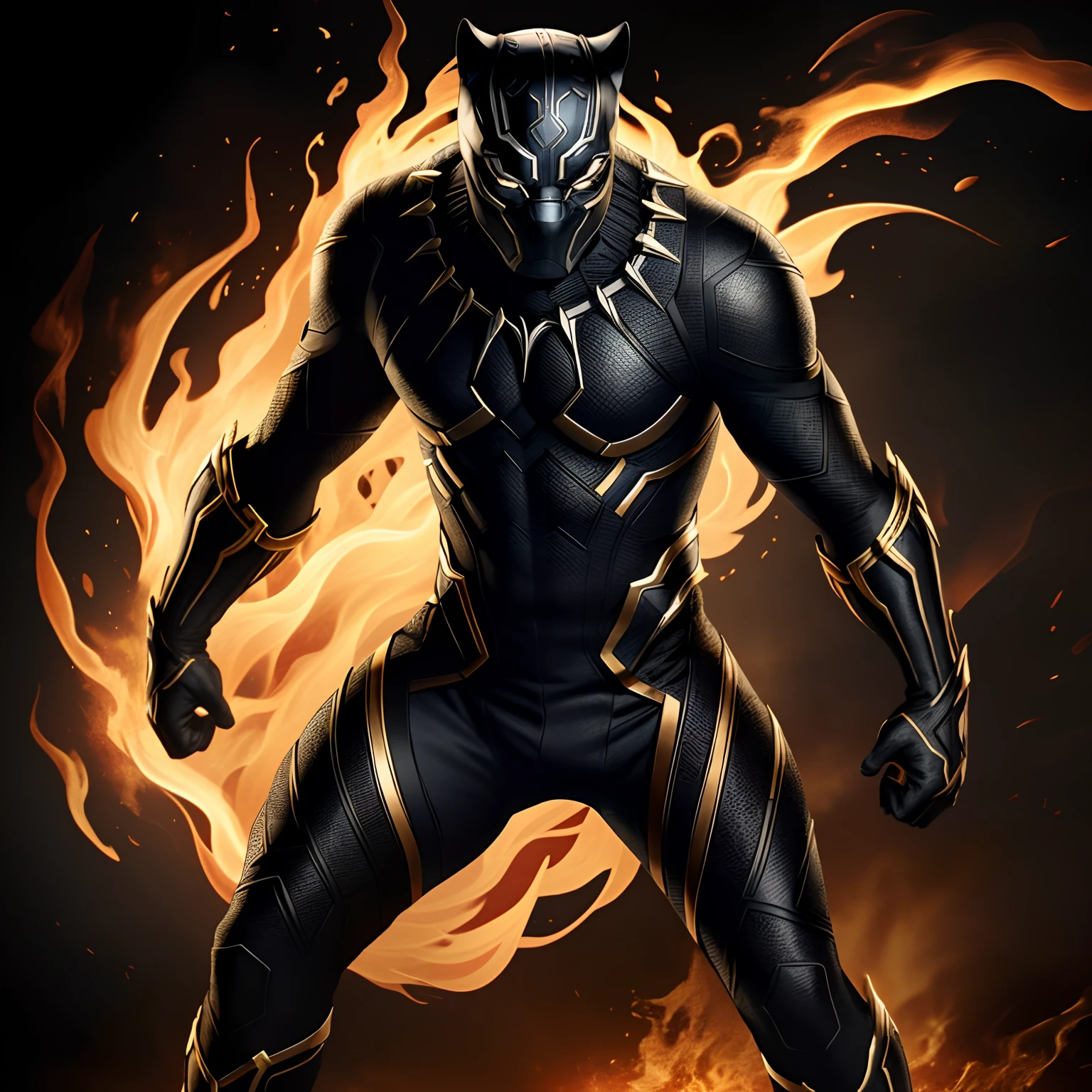 Black panther, hell fire background, golden suit, Full- body, low angled camera, 16k ultra Hd, detailed image,