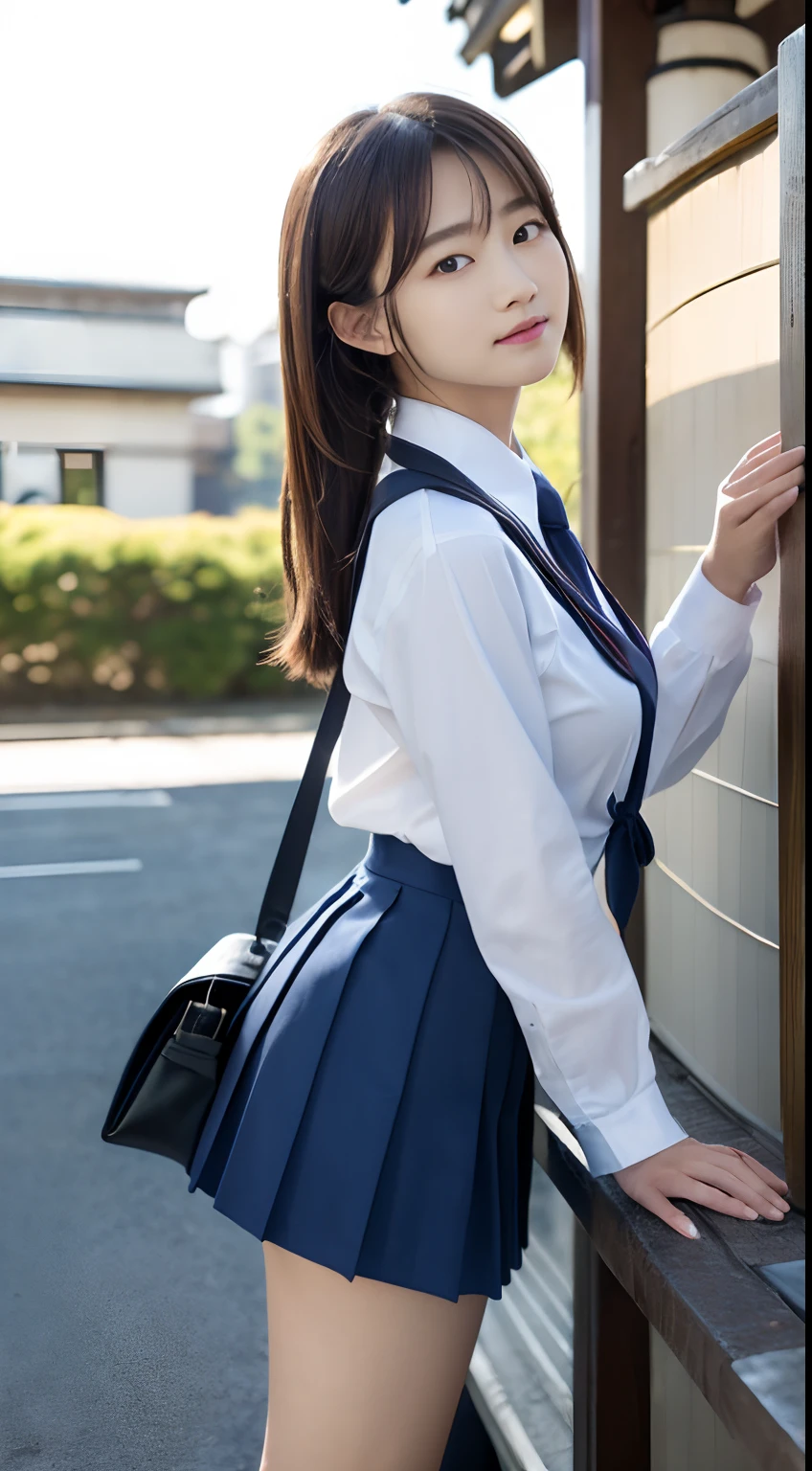 1 Japanese girl,(school uniform:1.4), (RAW Photos, highest quality), (Realistic, Photorealistic:1.4), Very delicate and beautiful, Very detailed, 8k wallpaper, wonderful, In detail, Very detailedなCG Unity, High resolution, Soft Light, Beautiful Details 19 years old, Very detailedな目と顔, Beautifully detailed nose, Beautiful fine details,Cinema Lighting,Perfect Anatomy,Slender body,smile , (Asymmetrical bangs,), manga,sitting,head tilt,?,head back,