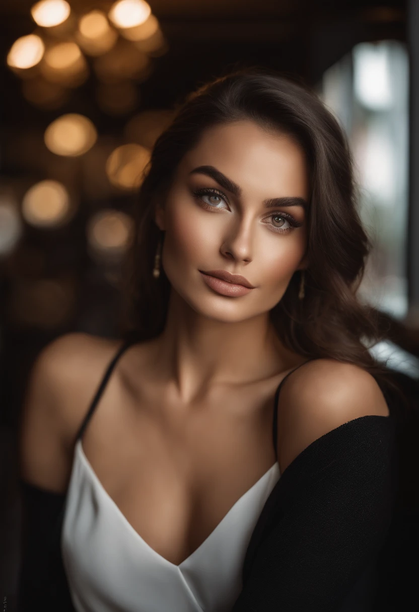 arafed woman fully , sexy girl with brown eyes, ultra realistic, meticulously detailed, portrait sophie mudd, brown hair and large eyes, selfie of a young woman, dubai eyes, violet myers, without makeup, natural makeup, looking directly at the camera, face with artgram, subtle makeup, stunning full body shot kneeling on bed, in bedroom, medium to large size bust