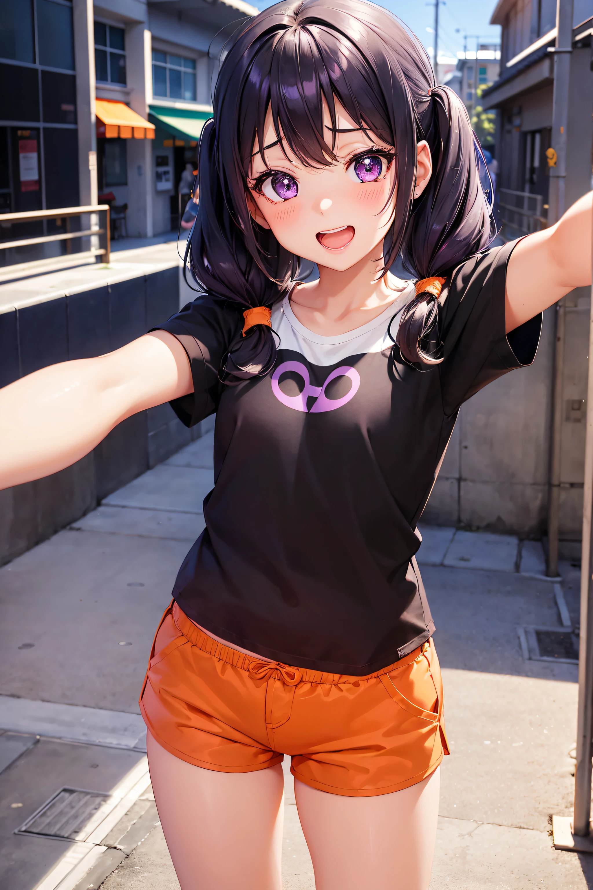 selfie, 1 girl, a cute girl, mini girl, purple eyes, primary school4Yearly birth, small breasts, makeup, black hair, twintails, smile, surprised, open mouth, shiny skin, standing, Tshirts, ((orange hotpants)), sexy, night schoolyard, masterpiece, high quality, nsfw,