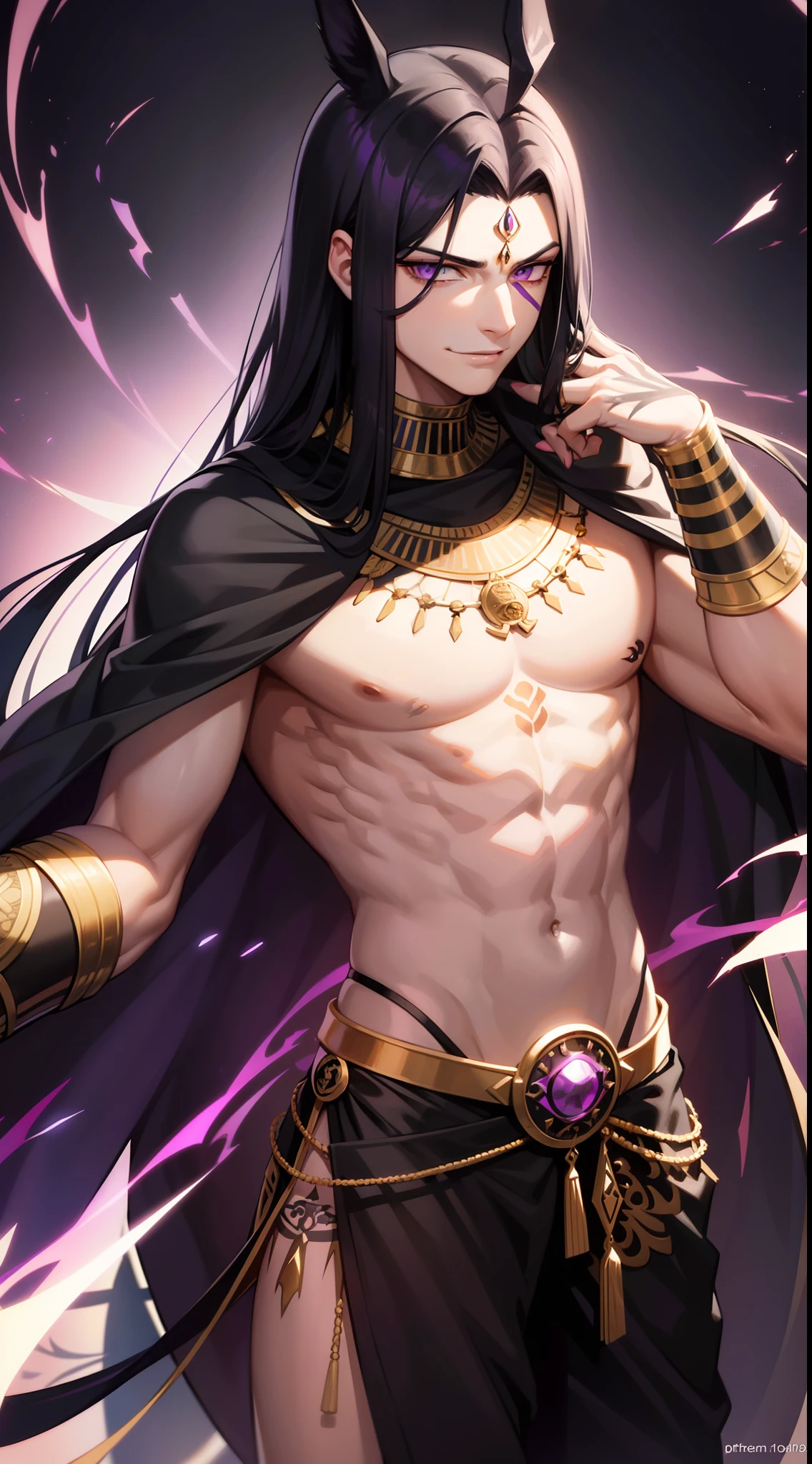 Young guy, Long black hair, purple strands, violet eyes, smirk, tattoo, pharaoh, Egyptian Prince, Anubis, open torso, musculature, Masterpiece, hiquality, 4k, HD, Good detail