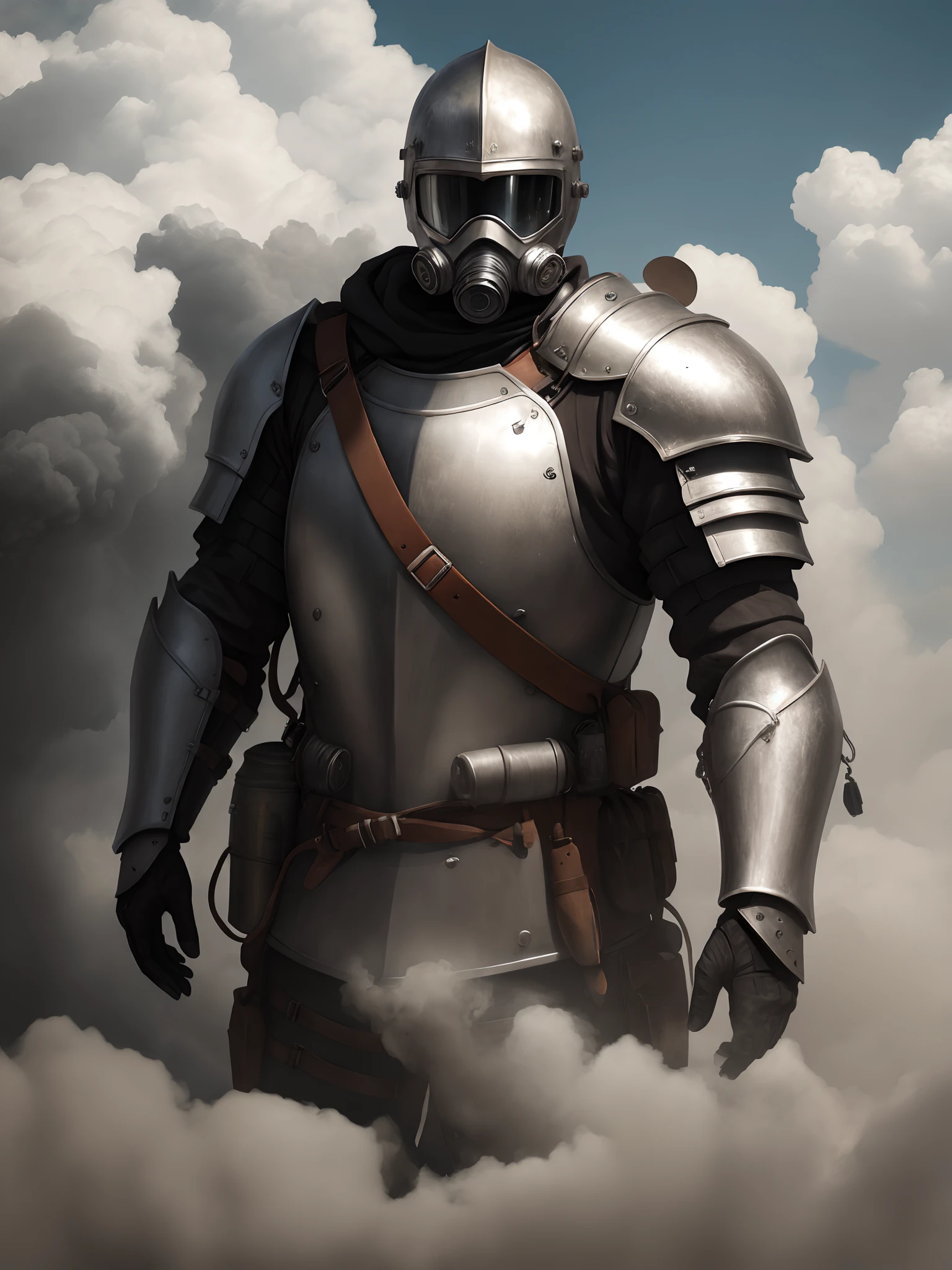 Knight with gas mask in armor surrounded by poisonous cloud