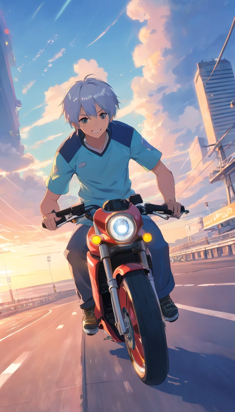 best qualtiy, tmasterpiece, 超高分辨率, realisticlying, 1male people,(with short white hair),Heterochromic pupils,(ssmile)(Ride racing motorcycles),(Ride kit),Motorcycle track,wide angles