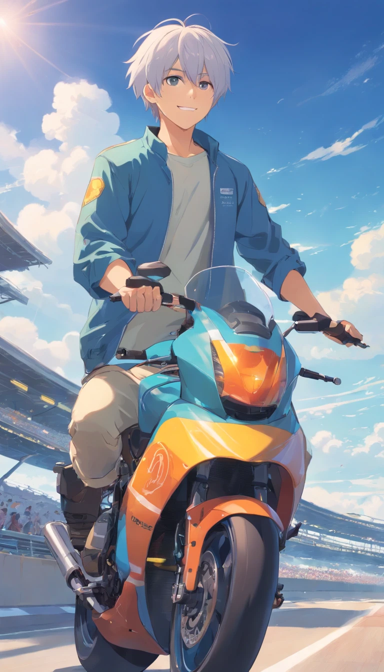 best qualtiy, tmasterpiece, 超高分辨率, realisticlying, 1male people,(with short white hair),Heterochromic pupils,(ssmile)(Ride racing motorcycles),(Ride kit),Motorcycle track,wide angles