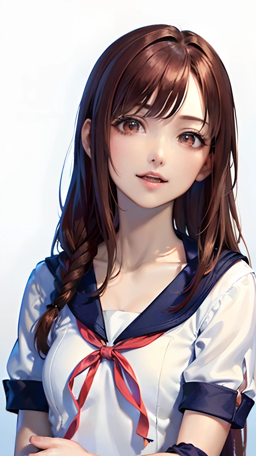 (top-quality, 8K, 32K, masterpiece, nffsw:1.2), (Raw photography), (realisitic), (Photorealsitic:1.2), (hight resolution), ultra-detailliert, extremely beautiful face and eyes, 1girl in, round small face, big breasts thin waist、(((tiny chest)))、(((White wall background)))、slim proportions, (student clothes, a sailor suit、White sailor suit, Dark blue pleated skirt:1.23), (bustshot)、(((Red hair)))、((Sailor suit with short sleeves))、A smile、Looks happy、(I have my index finger up)、(a closeup、top-quality、high detailing、rich skin detail、nffsw)、(Best Quality, 8K, Oil Painting, masutepiece:1.2), Ultra-detailed, (Realistic, Photorealistic:1.37), (((FULL BODYSHOT)))、Vibrant colors, (((Point your index finger to the sky)))、(((Sexy atmosphere)))、(((a 20 yo woman)))、(((index finger on the side of the face)))、((Unkempt hair))、(((Naughty look)))、((Bust isDcups))、(((light brown hair)))、(((long)))、(((White background))), (((The mouth is open and the teeth are visible)))、(((cleavage of the breast)))、(((Girly Hairstyles)))、(((Long hair)))、(((In front of a white wall)))、(((light brown hair)))、(((I put my hand next to my face)))、(((The Face of Thought)))、(((The girth of the chest is 85 cm)))、(((Small breasts)))