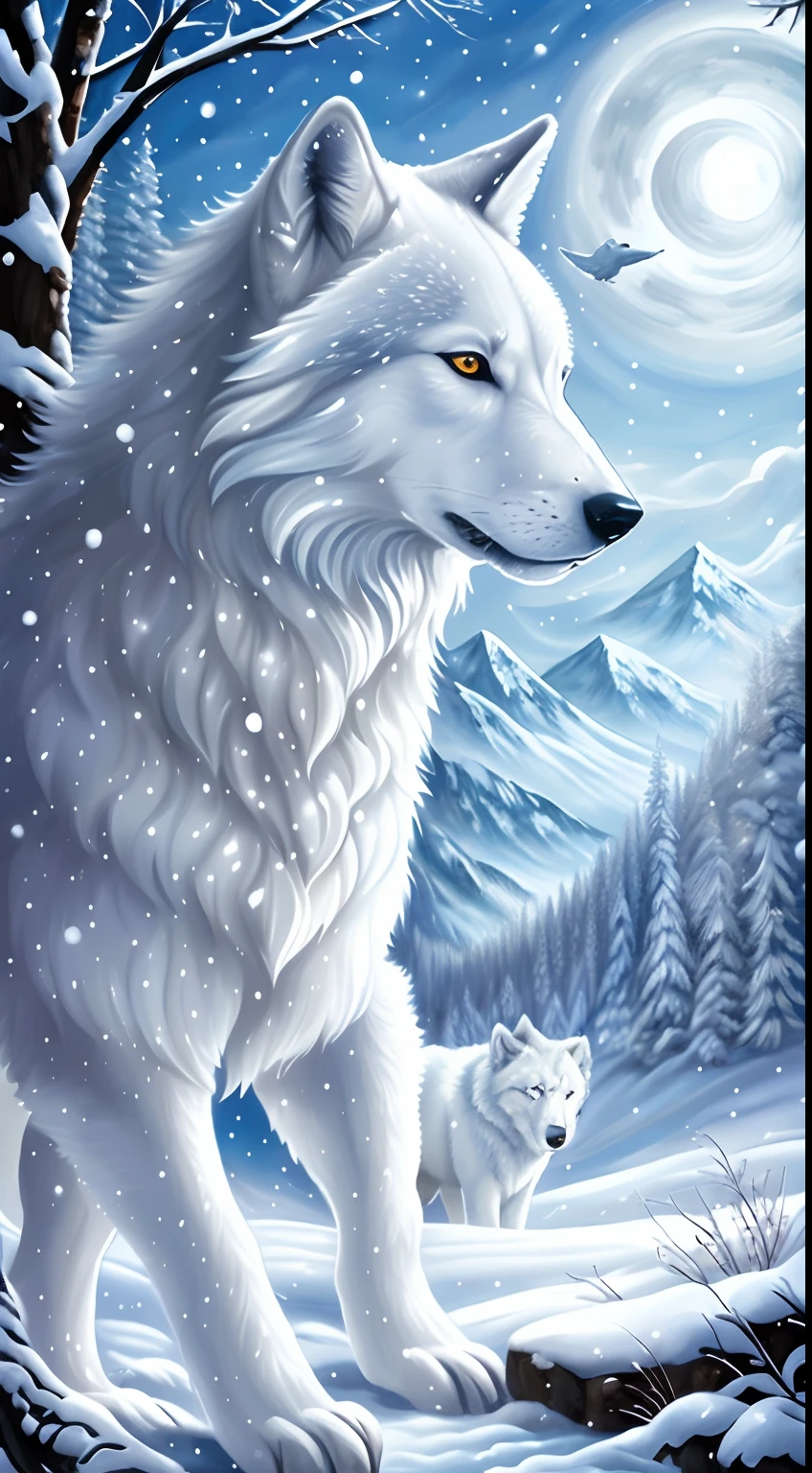 pintura de um lobo e seu filhote em uma paisagem nevada, lobo branco, Lobo branco com olhos azuis, retrato do lobo da fantasia, um lobo branco, arte peluda muito bonita, companheiro lobo, grande lobo, lobo, Lobo em um campo de neve, 3 0, lobo peludo, deus do inverno, lobo, inspirado em Wolf Huber, arte detalhada, pelo branco detalhado
