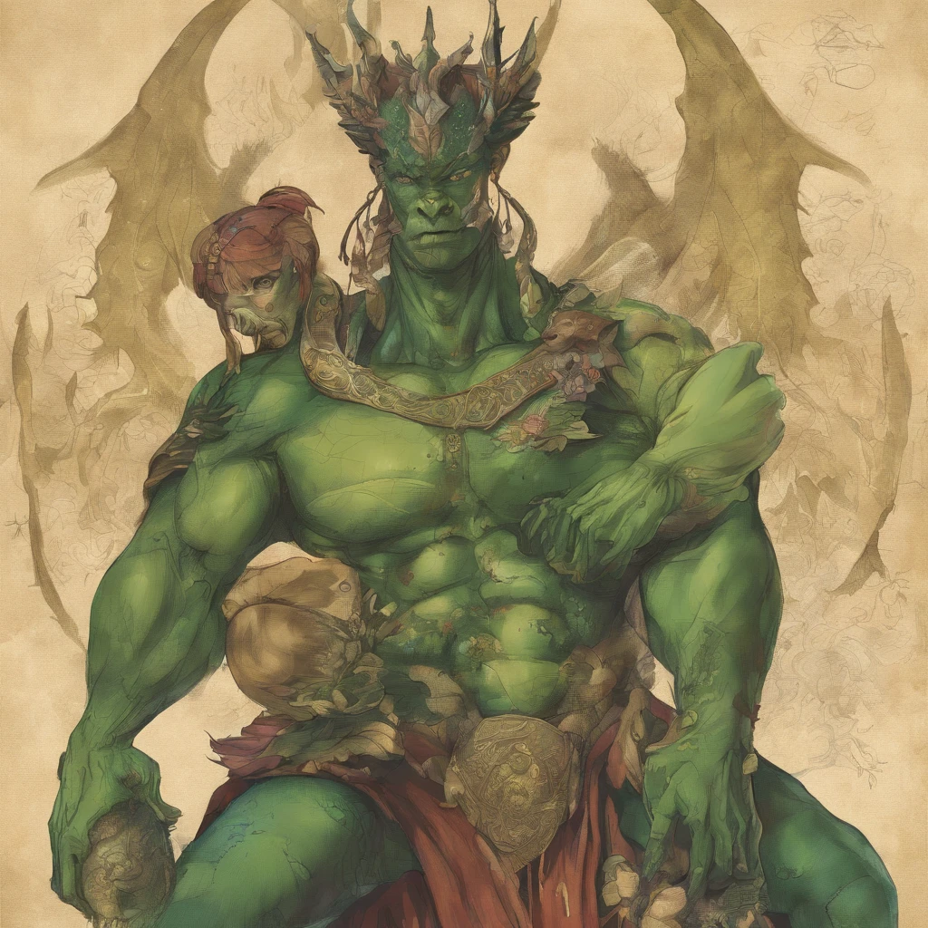 Reptilian alien humanoid, very muscular 7 feet tall with no hair, thin lips, does not have ears, green scales, tail, wearing a long leather skirt, muscular physique. He wears a chest harness has claws on his fingers, and is a very handsome Reptilian male, he's embraced a human black woman that is wearing natural short hair