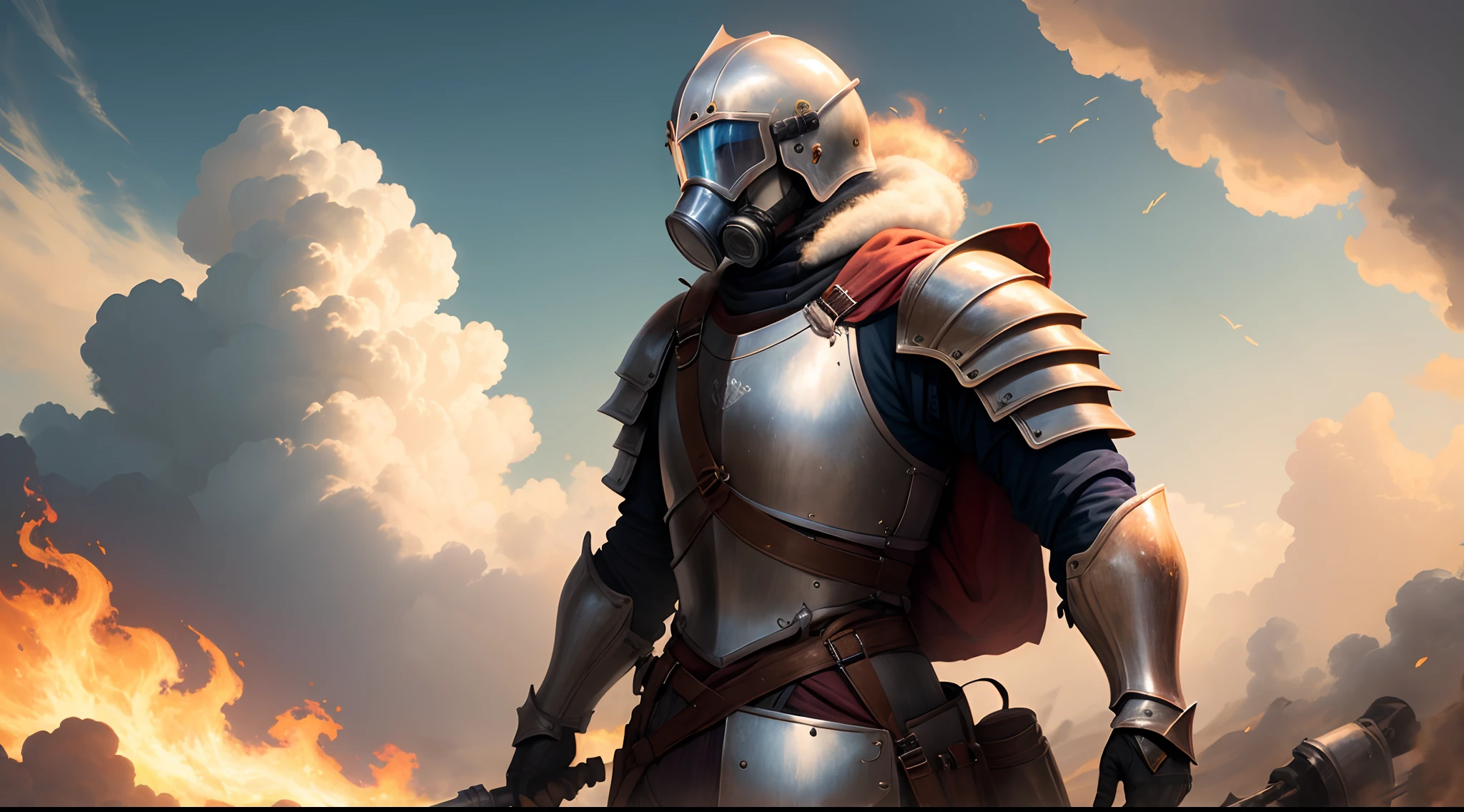 Female knight with gas mask in armor surrounded by poisonous cloud