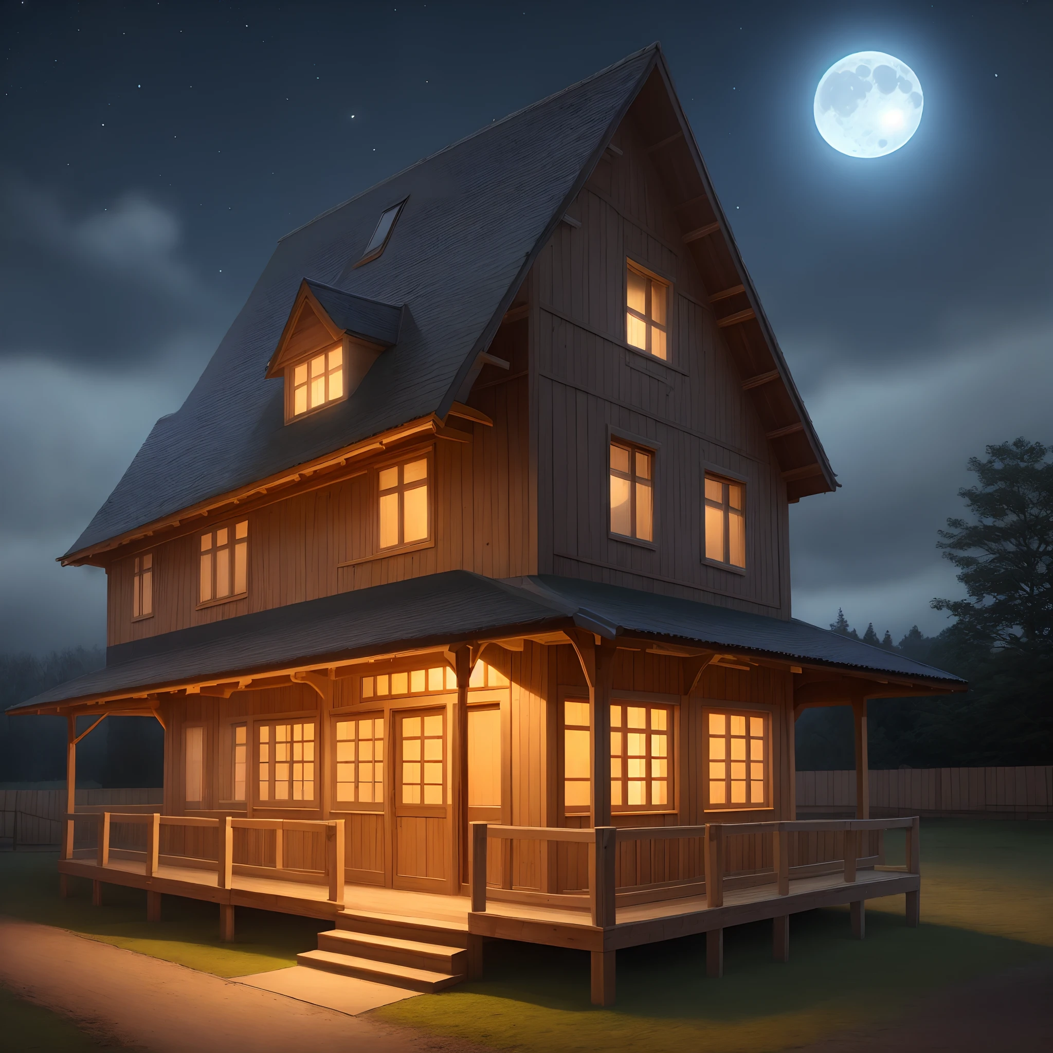 Wooden school building illuminated by moonlight