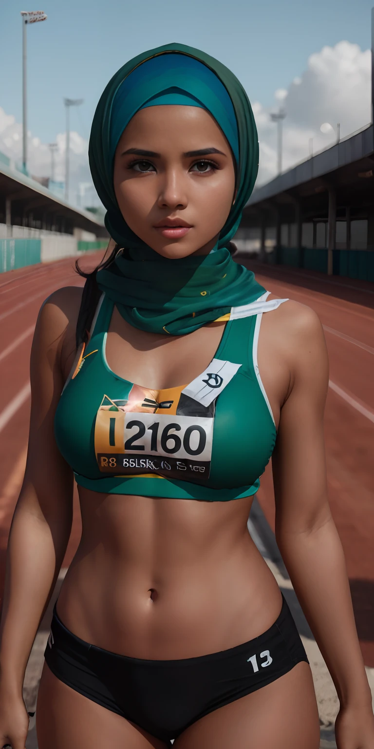 Masterpiece, best quality, 1 malay girl in hijab, solo, , quarter malaysian, yellow hijab, purple eyes, smile, medium breasts, sports bra, buruma, outdoors, track and field, smug