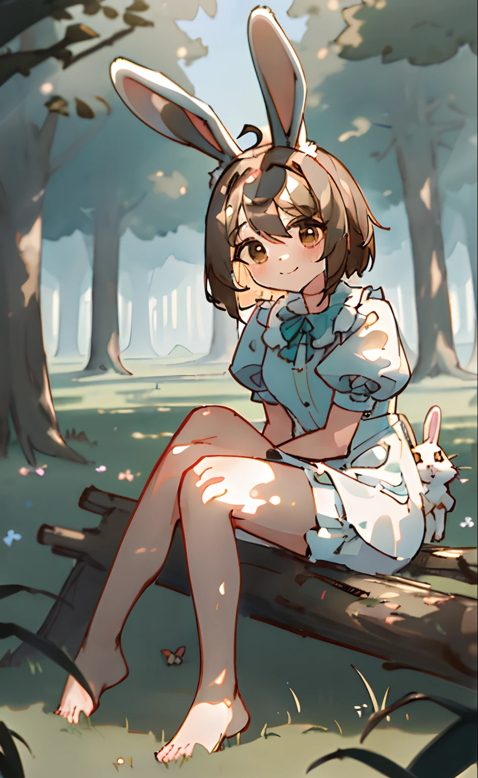 ((masterpiece,best quality)),1girl, solo, animal ears, rabbit, barefoot, knees up, dress, sitting, rabbit ears, short sleeves, looking at viewer, grass, short hair, smile, brown hair, puffy sleeves, outdoors, puffy short sleeves, bangs, on ground, full body, animal, white dress, sunlight, brown eyes, dappled sunlight, day, depth of field