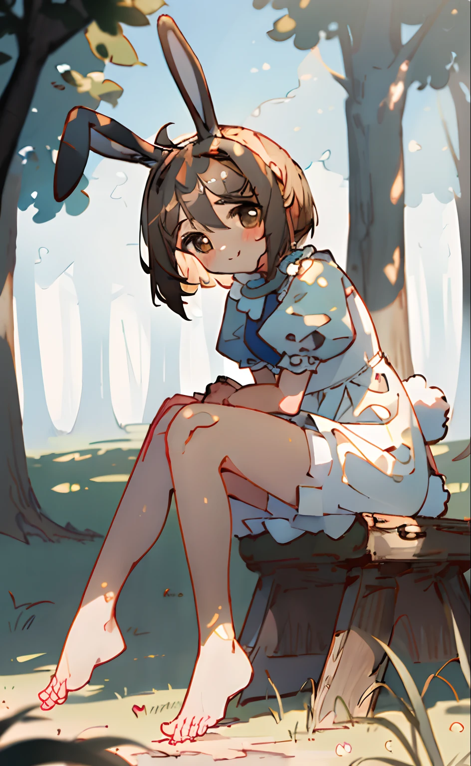 ((masterpiece,best quality)),1girl, solo, animal ears, rabbit, barefoot, knees up, dress, sitting, rabbit ears, short sleeves, looking at viewer, grass, short hair, smile, brown hair, puffy sleeves, outdoors, puffy short sleeves, bangs, on ground, full body, animal, white dress, sunlight, brown eyes, dappled sunlight, day, depth of field