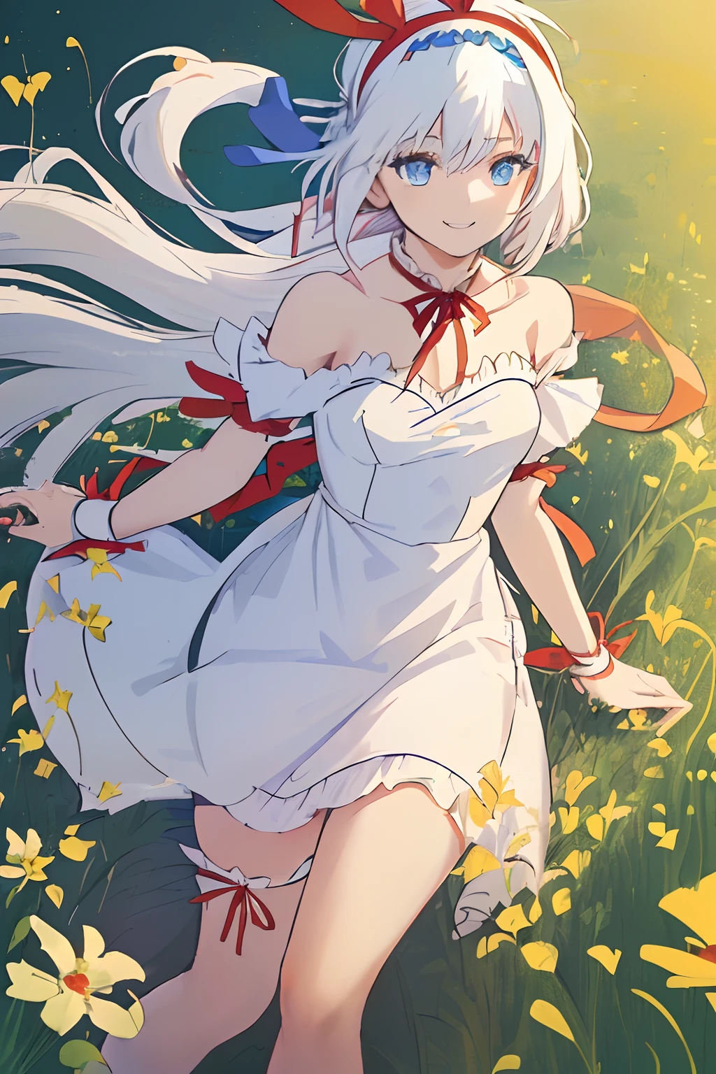 Chica anime, ((Masterpiece), (Best Quality)) (super detailed), ((((solo)))), fullbody, ((((white hair)))), long hair, ((((blue hairband)))), ((((blue eyes)))), smile, 18yo, white dress, ((((shoulder cut out)))), ((((bare shoulder)))), soul gem, race, ((((red neck ribbon)))), ((((meadow))))