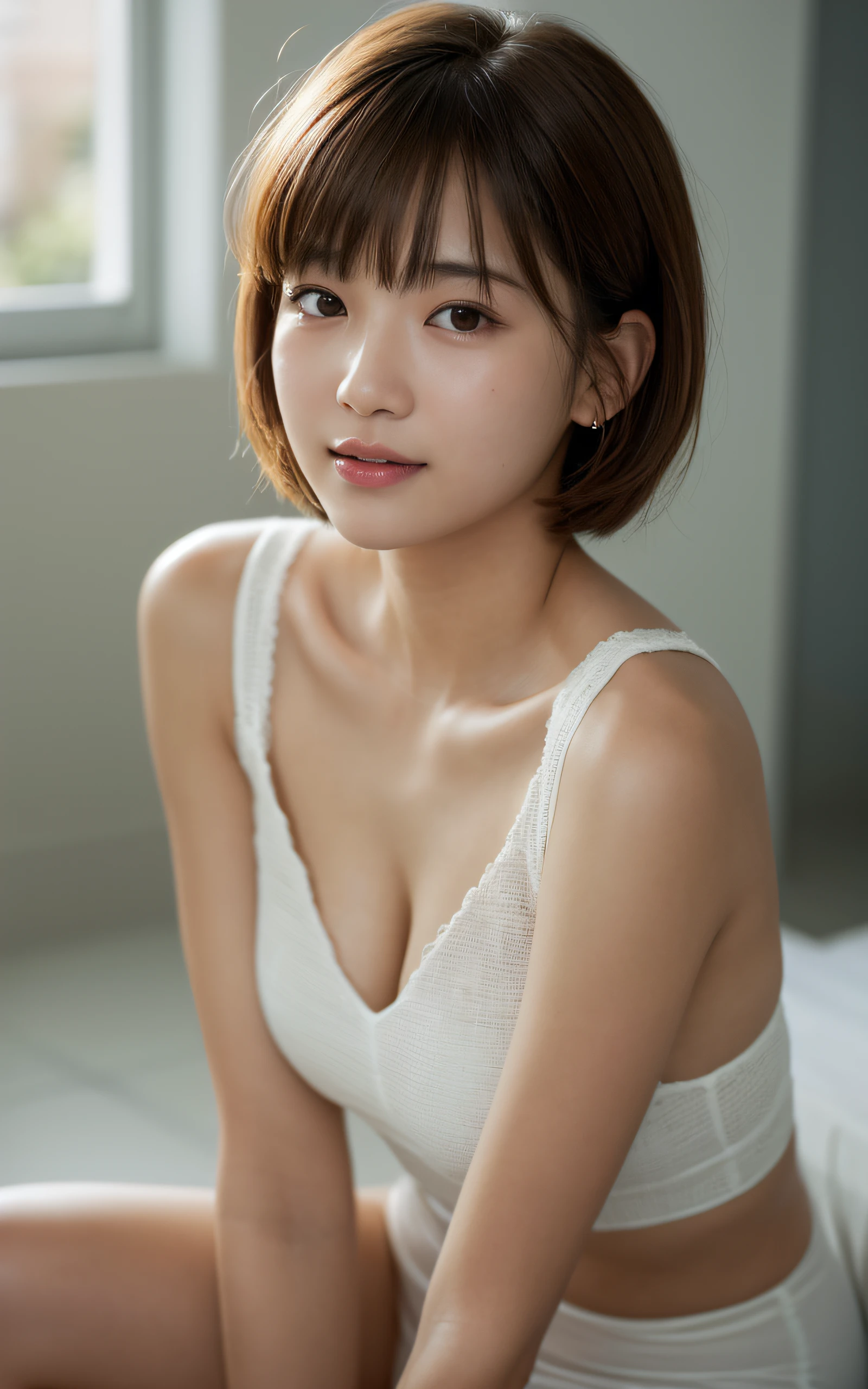 ((top-quality、8K、​masterpiece:1.3))、neat college girl、ite person、((nude in white camisole、naked sexy white camisole))、Outside the field、(Slimed、small tit、flat boobs、small tit)、Photorealsitic、detaileds, Skin Texture, ultra-detailliert、Delicate and sexy collarbone、A smile、Super Detailed Face、Detailed lips、A detailed eye、二重まぶた、Sitting on legs bending the knees、Squatting、White panties are visible from the skirt、Short hair in sexy pose with bangs、pony-tail hair、、Angle from top edge、14y