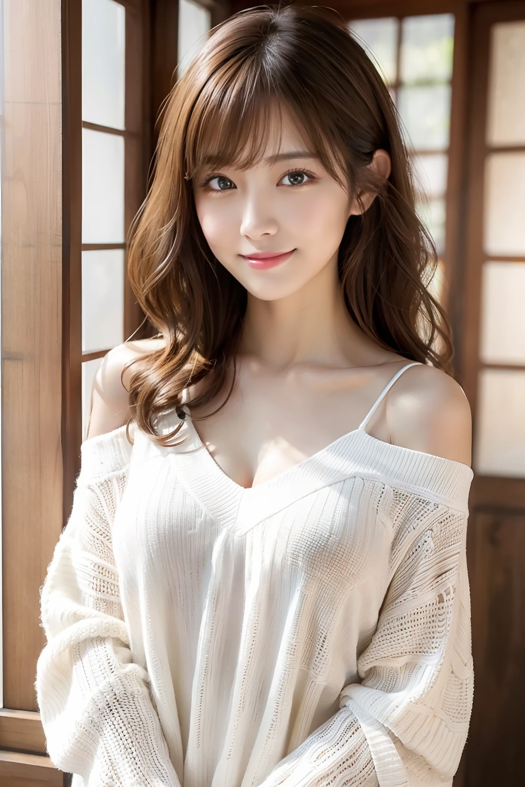 （1girll:1.2），(8K, Best Quality, tmasterpiece), (Realistic, Photorealsitic:1.37), ultra - detailed, adolable, 独奏, Cute Japan Woman,brown haired,By bangs, Curly, Hair on the shoulders, beautiful and delicate eyes,Eyes tell the story of a smile，Moisturizes skin,V-neck white knit，Stimulating，so sexy，Bright sunshine、细致背景、