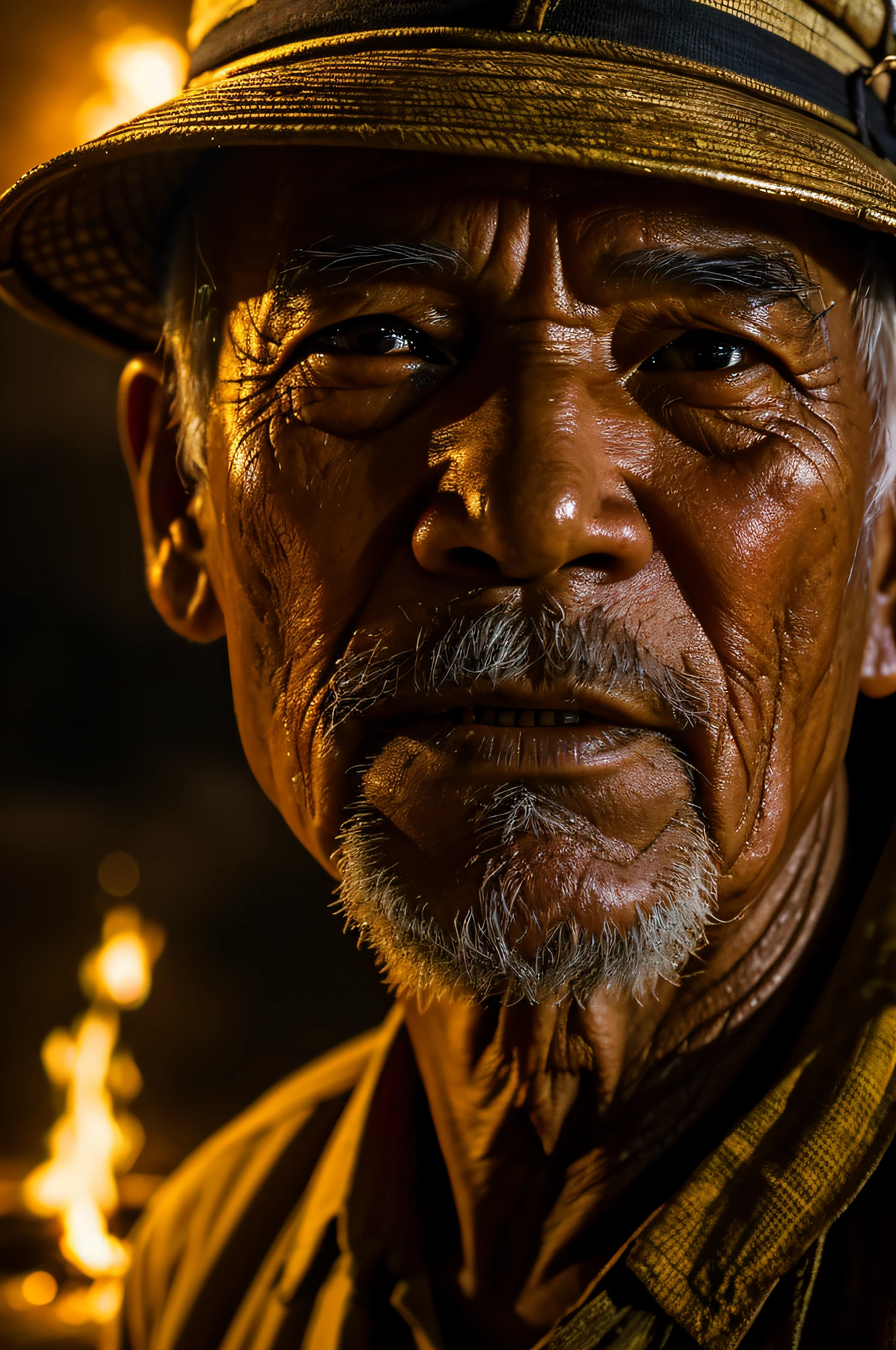 A close-up of a Vietnamese old man's face, illuminated by the light of a fire, with a backdrop of a dirty river and a shanty town.