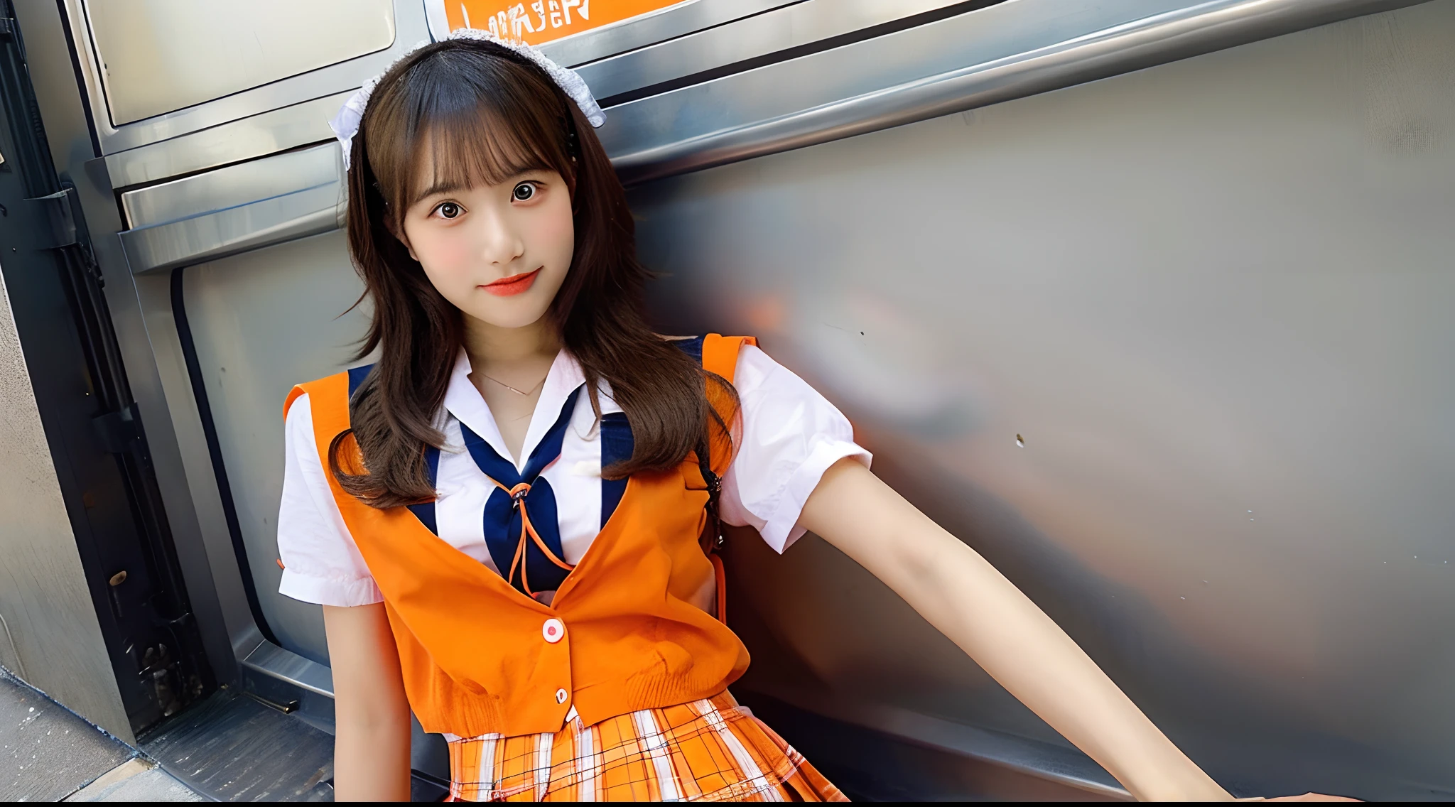 An 18-year-old high school girl wearing a super miniskirt with a light blue plaid pattern and a white dress shirt..、Hold Valentine's Day's day chocolate in both hands