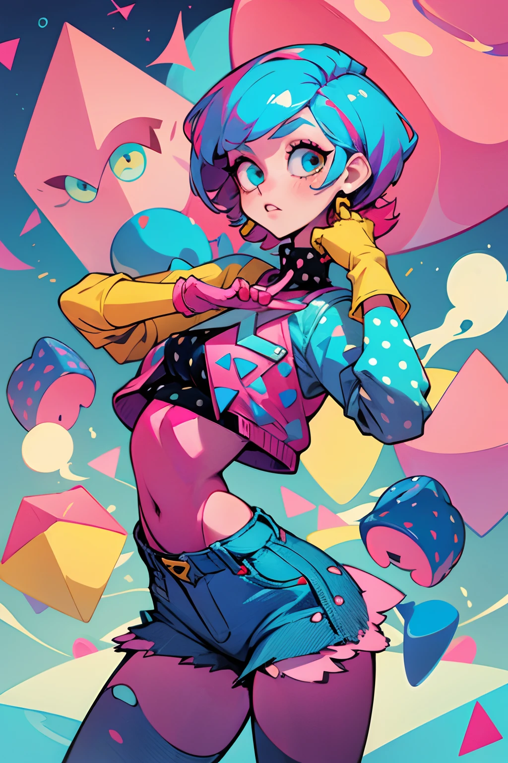 kpop girl with short nice fadecut pink hair, lots of shapes attatched everywhere, random shapes mostly triangle, yellow skirt with polcadots, red gloves, blue jeans