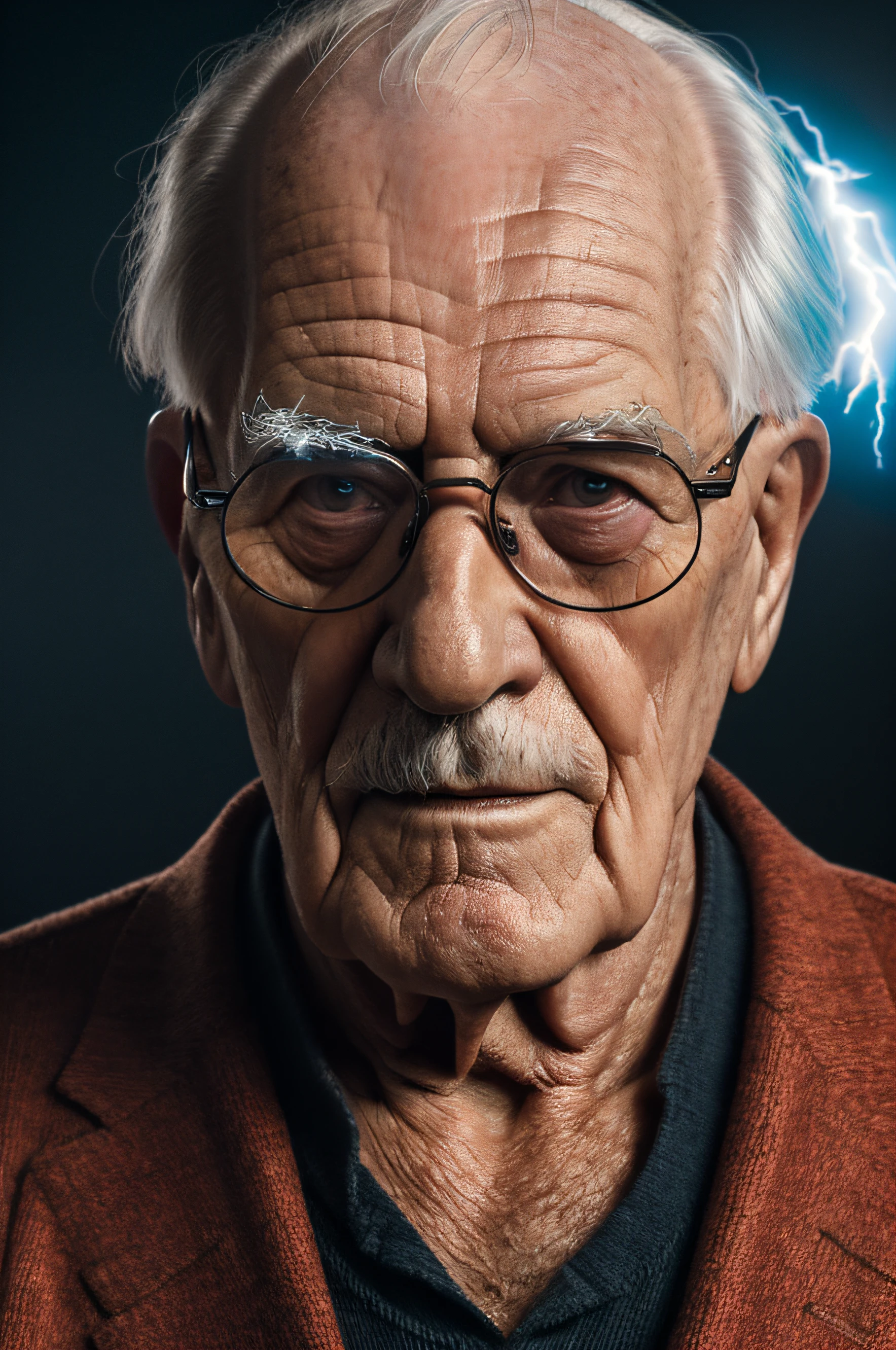 lightning strikes, abstract, high quality, UHD, Luminous Studio graphics engine, violet, cyan, octane render, cloudy haze, fiery members, old man Carl Gustav Jung with glasses and mustache portrait