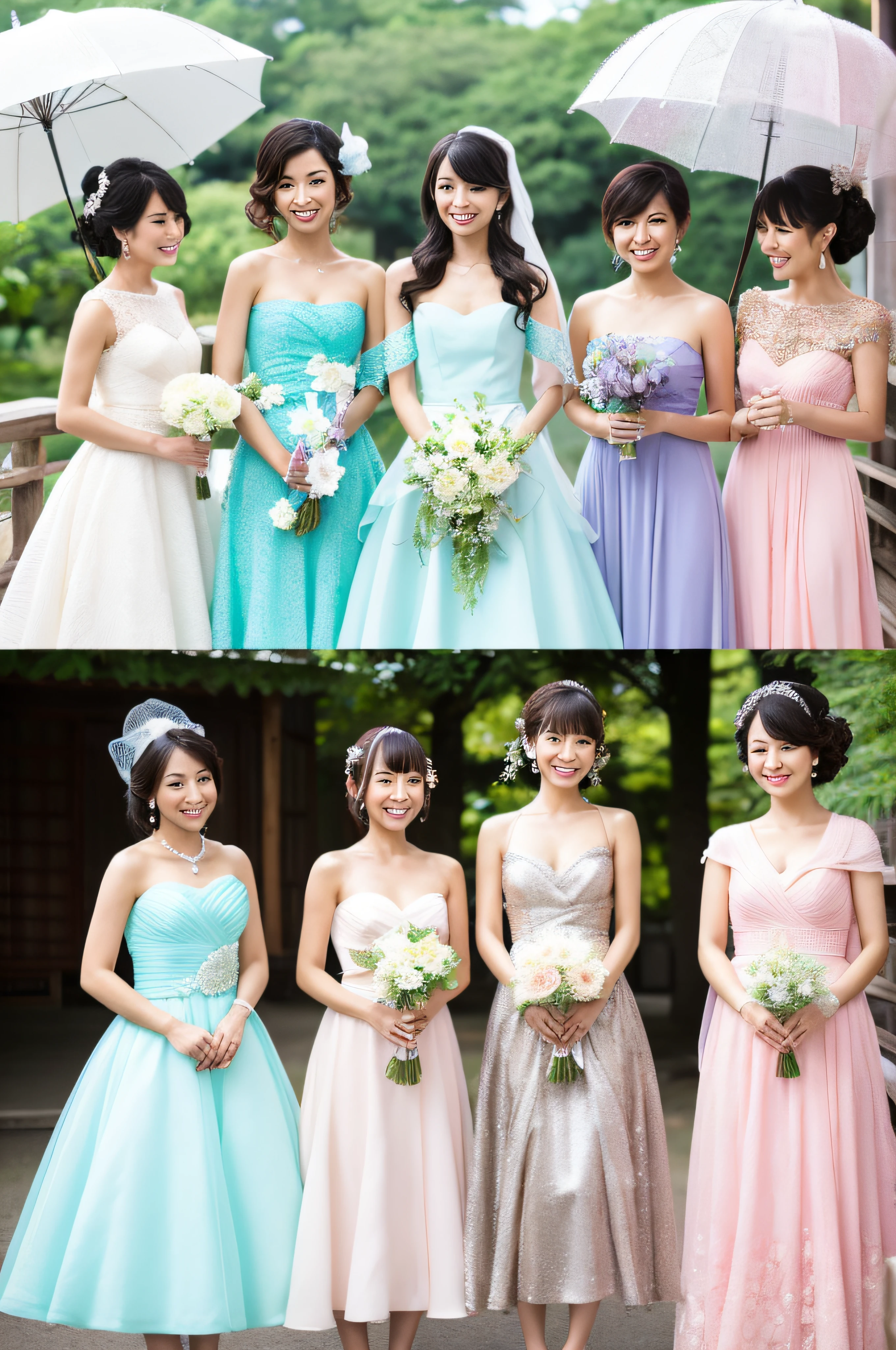 High resolution photo of four Japan women in glamorous wedding dresses, Naturally relaxed and standing. Each one shows off a different dress style,、They exude a sense of ease and authenticity. The background is、It blends pastel shades with vibrant color accents in a harmonious way.Correcting facial distortion
1790*Size of 1020