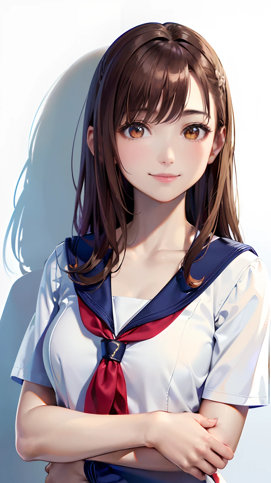 (top-quality, 8K, 32K, masterpiece, nffsw:1.2), (Raw photography), (realisitic), (Photorealsitic:1.2), (hight resolution), ultra-detailliert, extremely beautiful face and eyes, 1girl in, round small face, big breasts thin waist、(((tiny chest)))、(((White wall background)))、slim proportions, (student clothes, a sailor suit、White sailor suit, Dark blue pleated skirt:1.23), (bustshot)、(((Red hair)))、((Sailor suit with short sleeves))、A smile、Looks happy、(Arms crossed in front of the chest)、(a closeup、top-quality、high detailing、rich skin detail、nffsw)、(Best Quality, 8K, Oil Painting, masutepiece:1.2), Ultra-detailed, (Realistic, Photorealistic:1.37), (((FULL BODYSHOT)))、Vibrant colors, (((Arms crossed)))、(((Sexy atmosphere)))、(((a 20 yo woman)))、(((index finger on the side of the face)))、((Unkempt hair))、(((Naughty look)))、((Bust isDcups))、(((light brown hair)))、(((long)))、(((White background))), (((Bullish smile)))、(((cleavage of the breast)))、(((Girly Hairstyles)))、(((Long hair)))、(((In front of a white wall)))、(((light brown hair)))、(((a smile)))、(((calm face)))、(((The girth of the chest is 85 cm)))、(((Small breasts)))