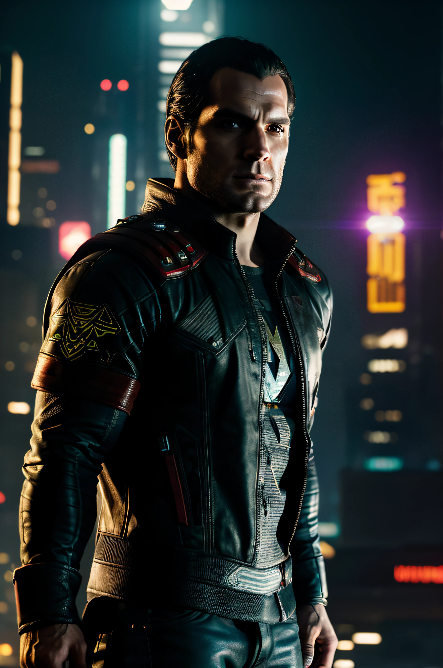 photo of henrycavill person, dark gritty dystopian feel, , backlighting, night time lights, (cyberpunk 2077 reimagined:1.2), high quality, portrait, wearing a cyberpunk outfit