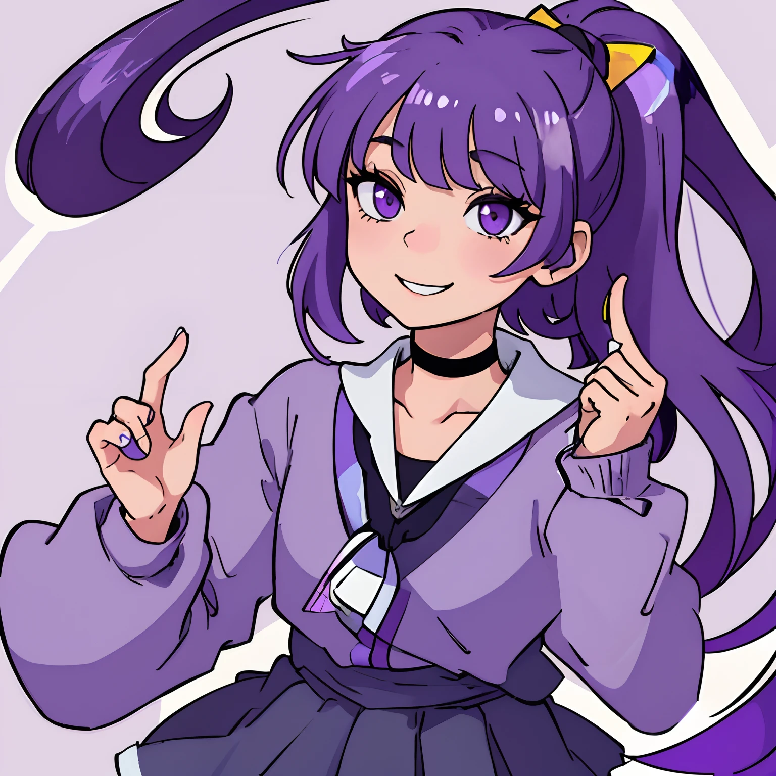 Pretty purple haired animal girl, wearing a gray skirt with black on either side of it, gray Japan school girl top with long loose sleeves with a big black collar, with a half gray half blue tie around the collar, black choker with a small gold button on the center, pretty purple eyes that fade down into light blue, not wearing a lot of makeup but still pretty, platform ballet flats, purple nails, cute pose, preppy, purple hair in wavy ponytail, purple ponytail draped over shoulder, purple long wavy bangs on either side with short purple bangs on forehead not covering eyes, side swept to the middle from both sides, with bangs on the forehead not covering eyes side swept to both sides of hair. Pretty girl, preppy, nice, friendly kind smile, anime, high quality, 4k, attractive, not a lot of makeup, cute, purple eyes with light blue at bottom, smile,nice, anime, preppy, school girl gray uniform, nice hands with five fingers only on each hand, small lips.