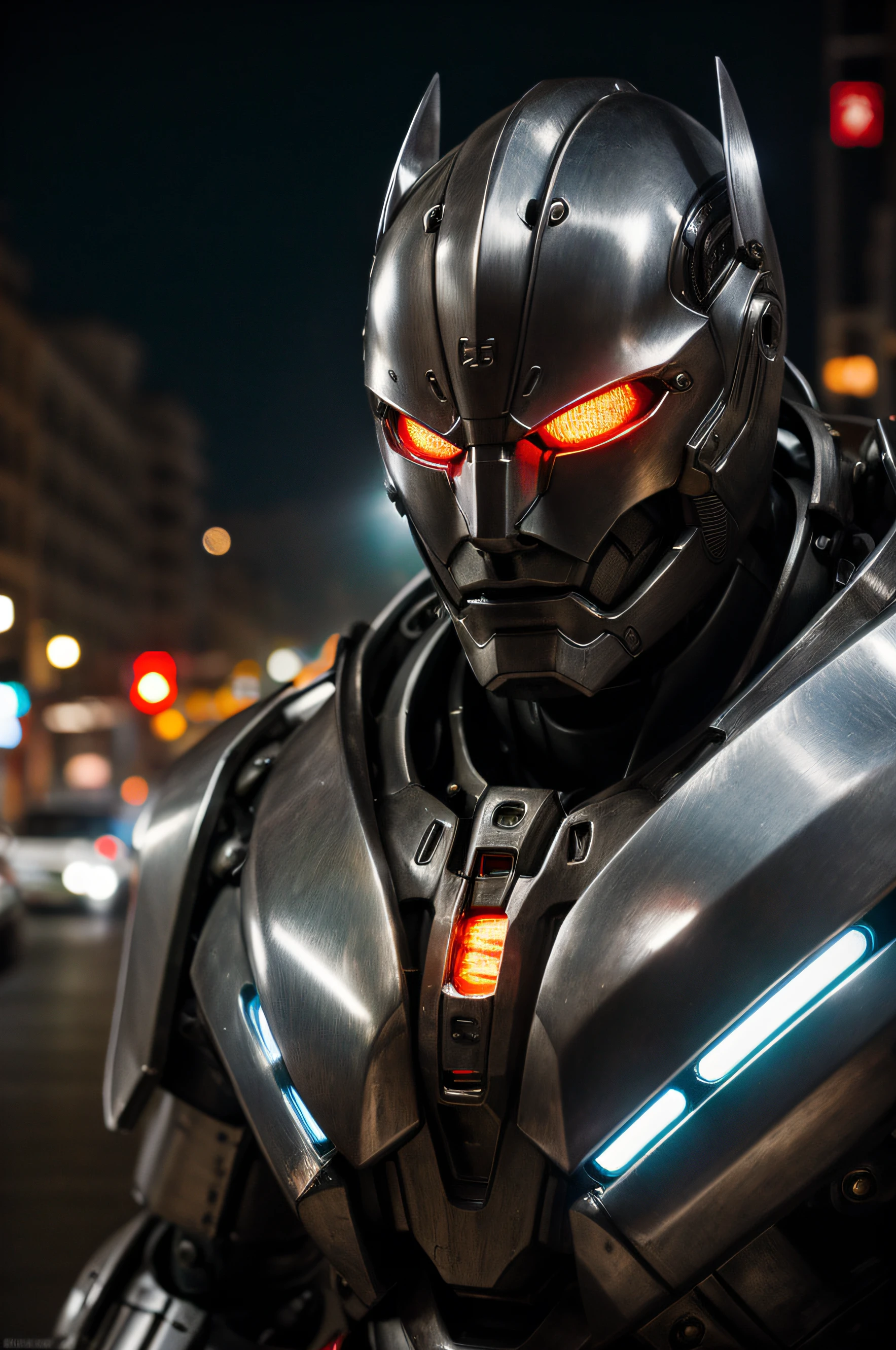 Portrait photo of muscular guy in a mech suit, ((light bokeh)), intricate, (steel metal), neons, ( [white] hannya mask), elegant, sharp focus, photo by greg rutkowski, soft lighting, vibrant colors, (masterpiece), ((streets)), (detailed face:1.2),