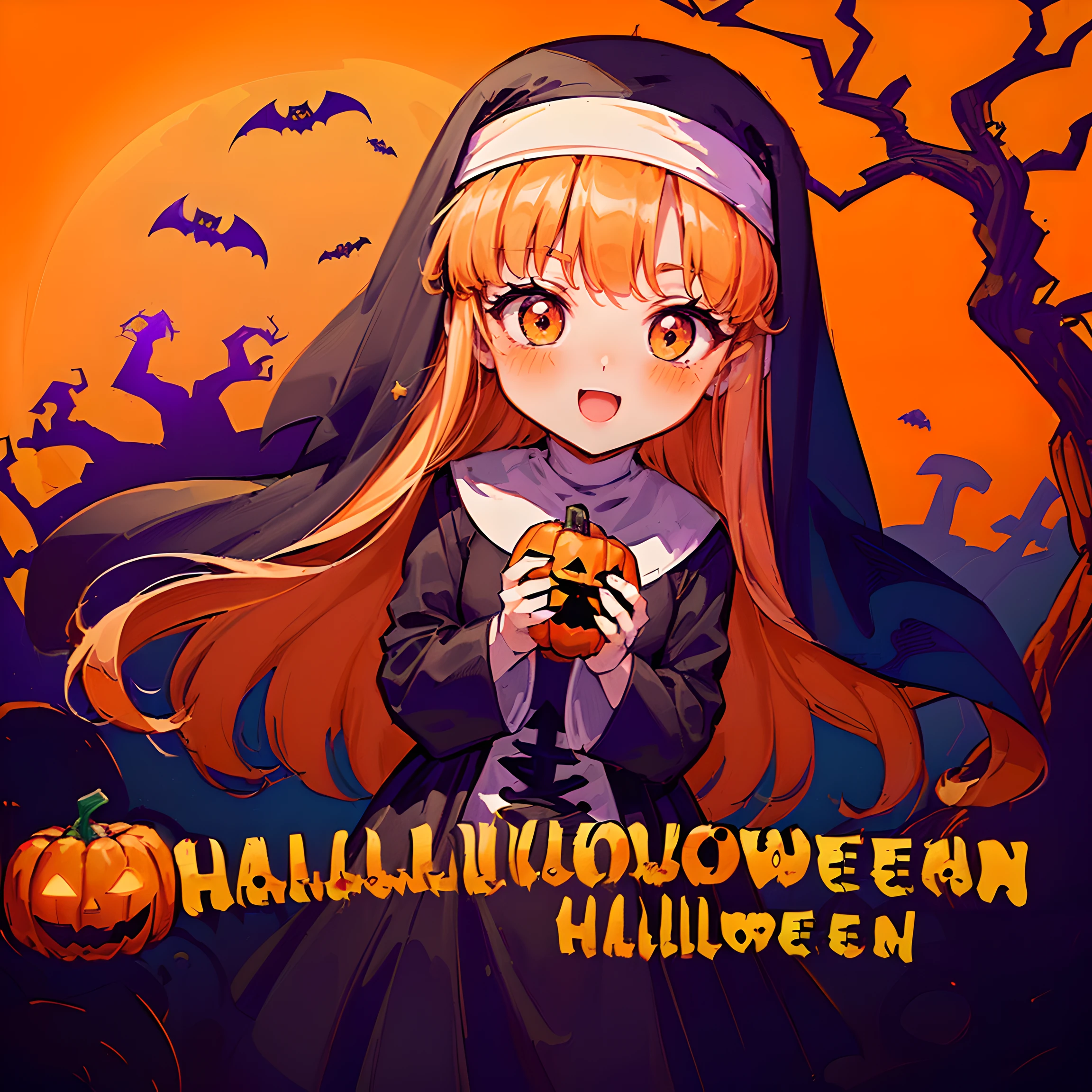 (Halloween theme:1.5), (magic:1.5), (fantasy:1.5), (centered image:1.5), (dark night sky:1.5), (cloud:1.5), (chibi emote:1.5), (chibi character:1.5), (Halloween tea party:1.5), (pumpkin monster:1.5), (cute ghost:1.5), (medusa:1.5), (mummy:1.5), (orange theme clothes:1.5), (nun:1.5), (trick or tree:1.5), (happy halloween:1.5), (orange theme:1.5), (many monsters and people:1.5), (halloween city scape:1.5),