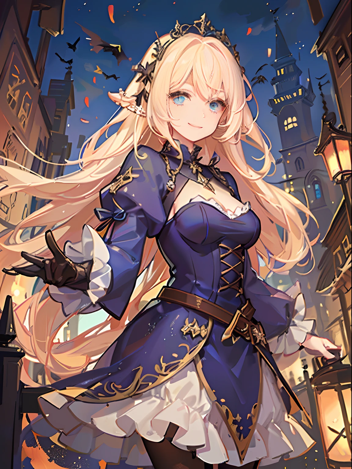 Jack-o'-lantern in hand, Medieval European cityscape on Halloween,  Front-facing , Eyes are blue, Blonde smiling girl in pearl pink dress, Her long hair is fluttering in the wind, Transparent cloth dress shimmering in the light.