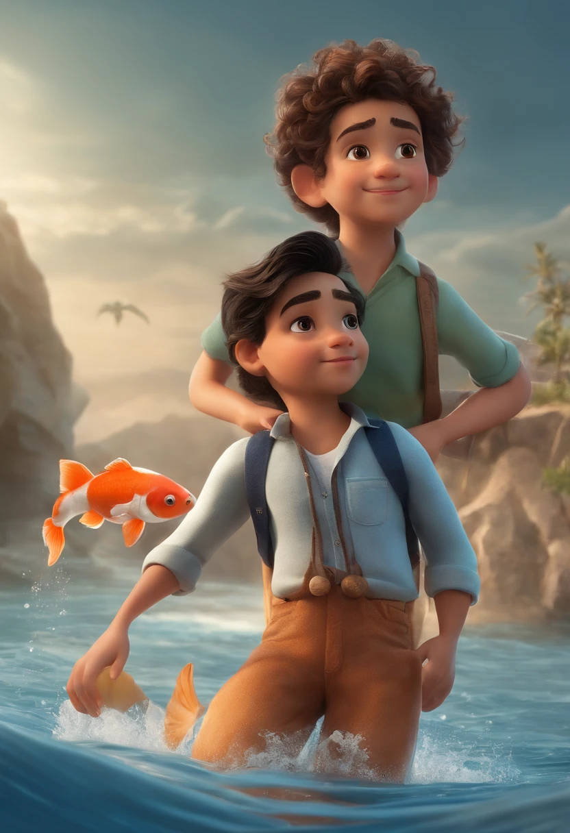 qualidade de imagem do filme,Disney Animation Style,A boy swims in the sea with a koi in his arms,cabelo curto e detalhado,Denim suspenders,Bare feet,profundidade de campos,Luz alta,luz real,Traching de raias,oc renderizado,hyper-realistic,melhor qualidade,8k,Obras de mestres,super-fino,pelos pubianos detalhados,anatomia correta,sharp focus on eyes,Bokeh,Facial features are carefully described
