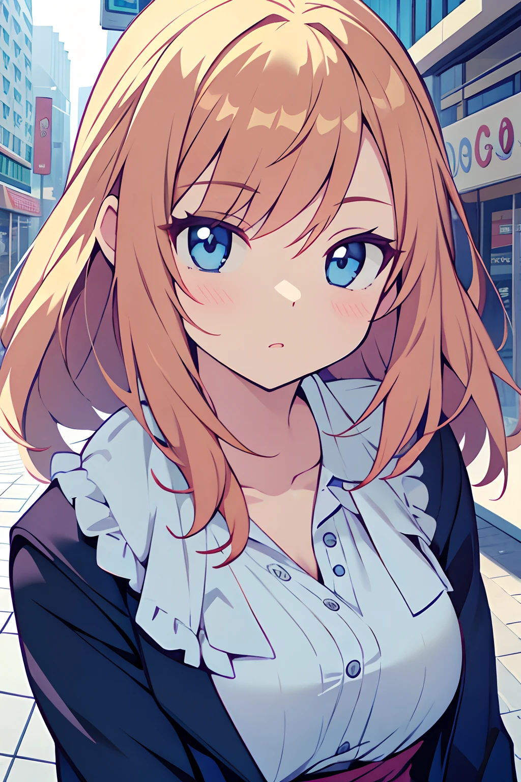 (best qualityer:0.8), (best qualityer:0.8), Perfect anime illustration, extreme closeup portrait of a pretty woman walking through the city
