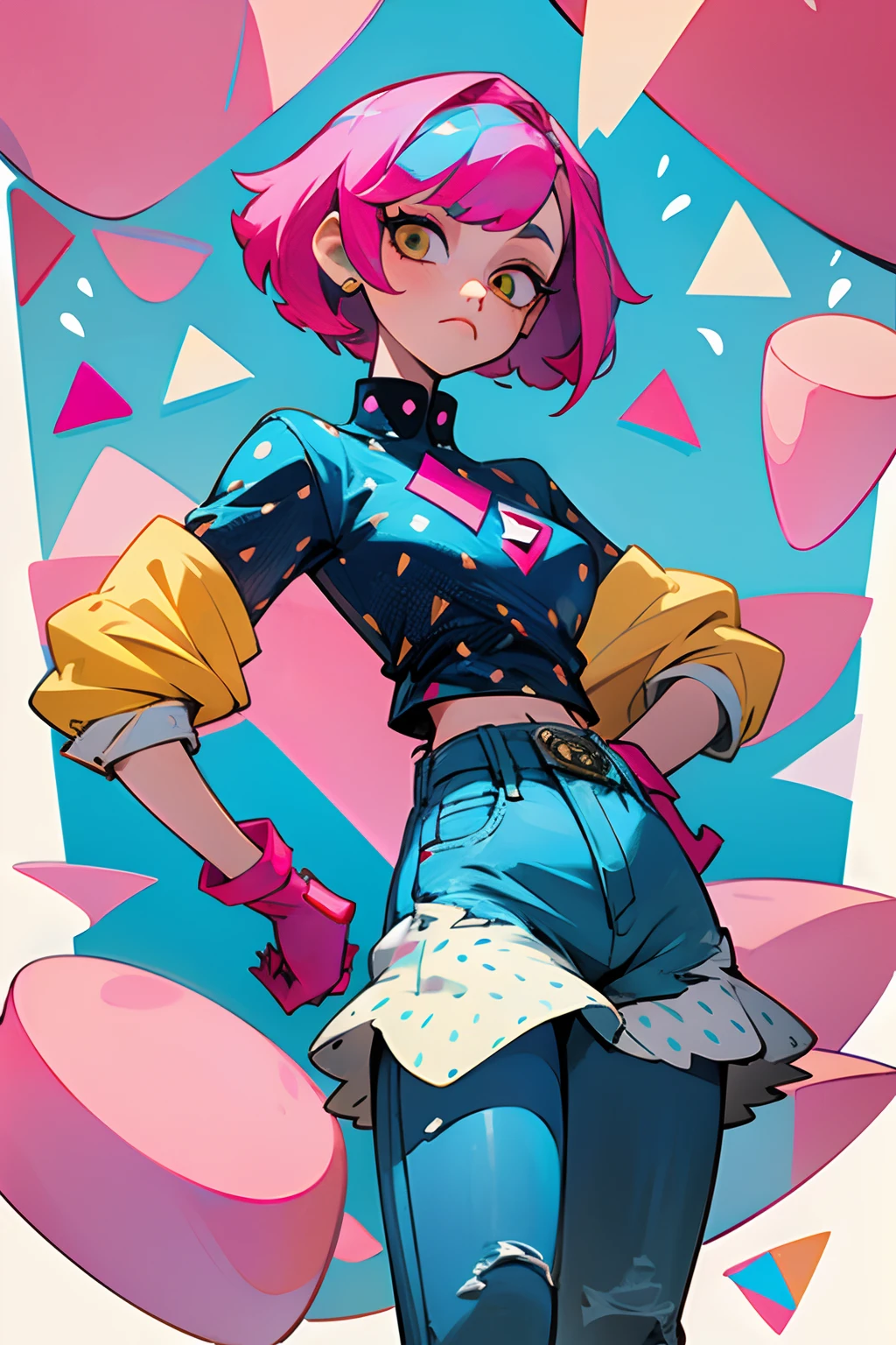kpop girl with short nice fadecut pink hair, lots of shapes attatched everywhere, random shapes mostly triangle, yellow skirt with polcadots, red gloves, blue jeans
